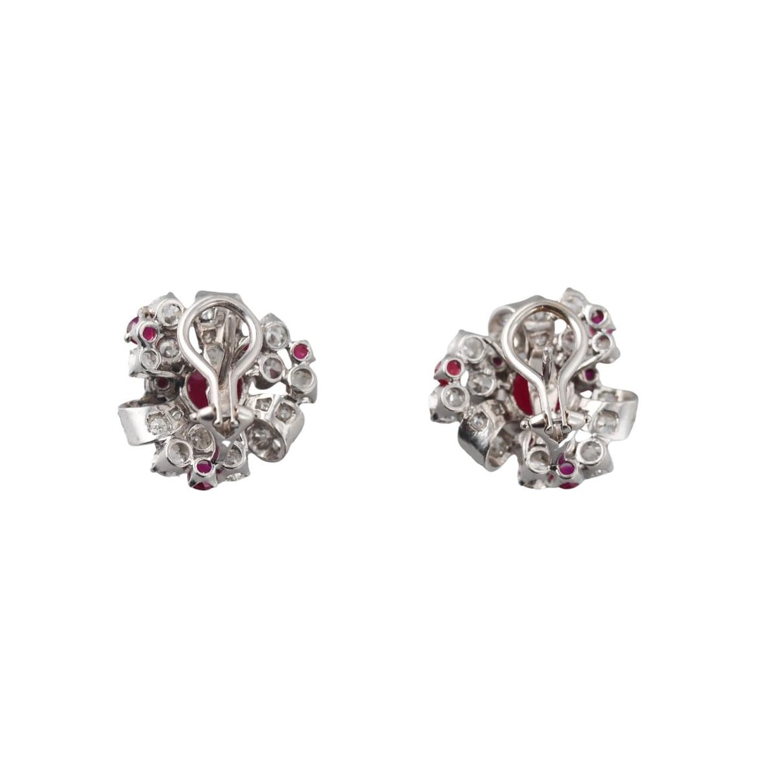 Platinum Diamond Ruby Cluster Earrings - 2