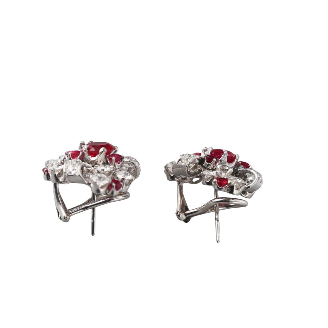 Platinum Diamond Ruby Cluster Earrings - 3