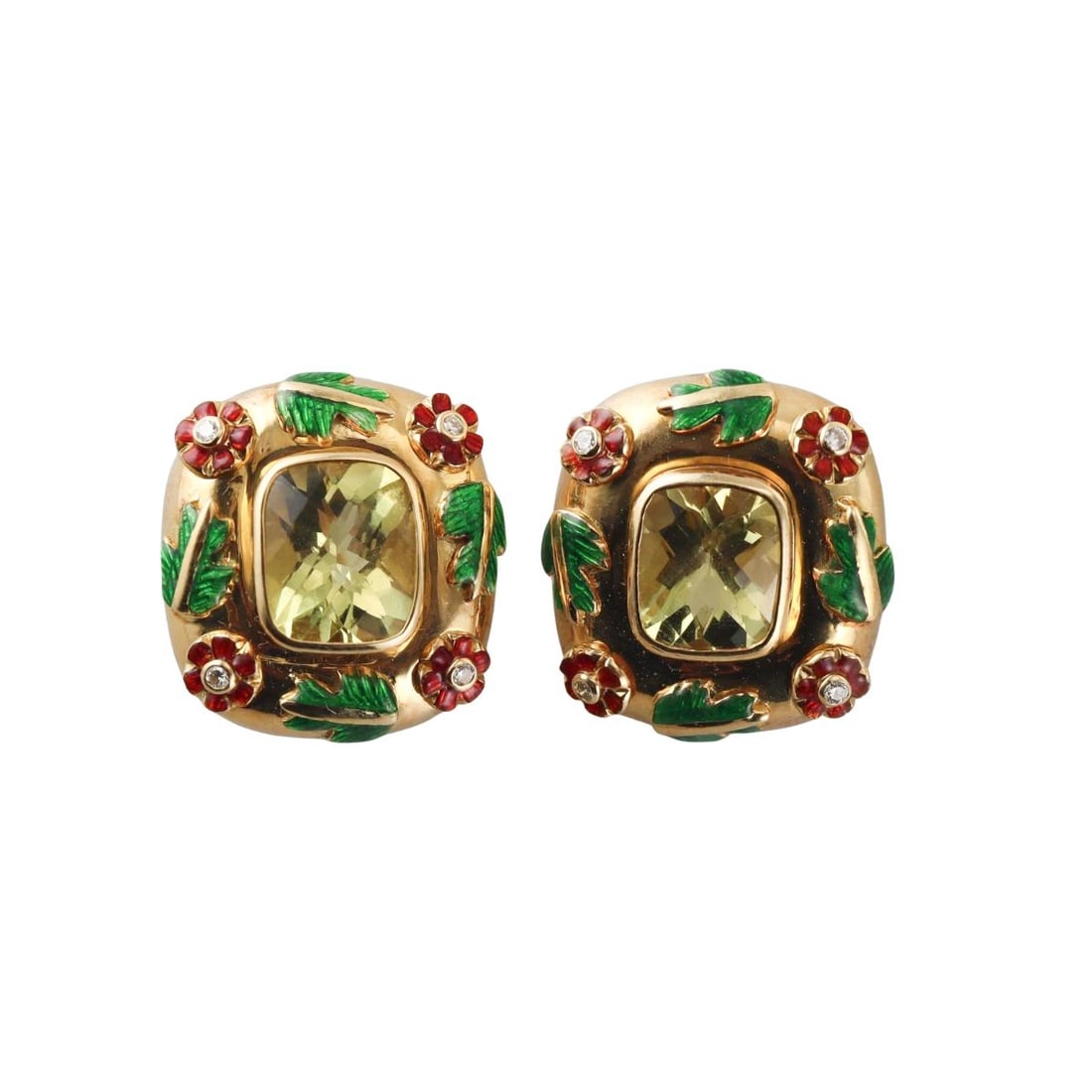 18k Gold Diamond Prasiolite Enamel Earrings: Metal : 18k Yellow Gold Designer : Not Signed Gemstone : Prasiolite, Diamonds Measurements : Earrings are 23mm x 20mm. Marked: : 18k. Weight: : 23.5 grams Condition: : Excellent. Additional: n/a
