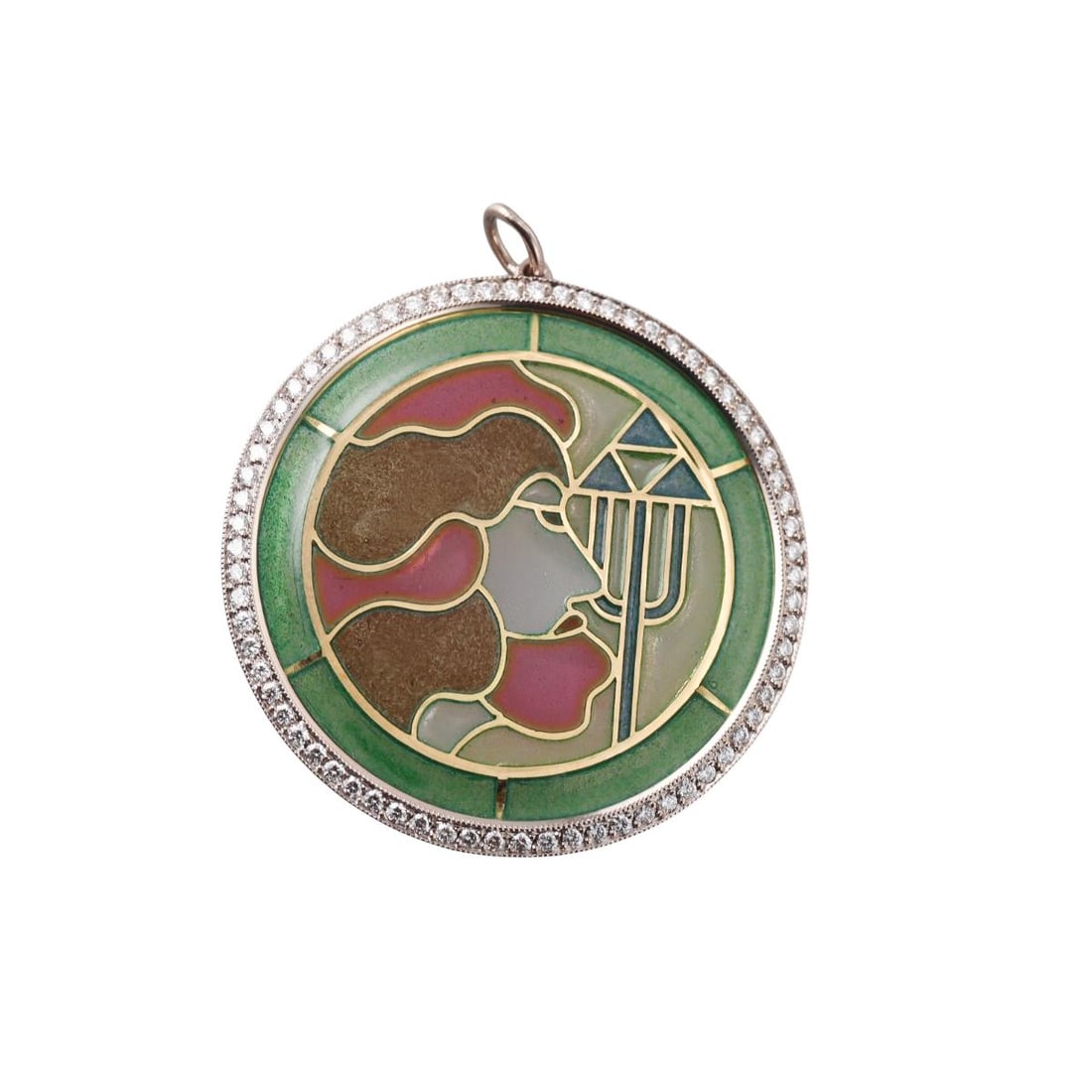 Platinum 18K Gold Diamond Plique A Jour Pendant: Metal : Platinum, 18K Yellow Gold Designer : Not Signed Gemstone : Diamonds-approx. 0.52ctw, Plique A Jour Enamel Measurements : Pendant is 34mm in diameter Marked: : Tested Plat, 18K Weight: : 6.6