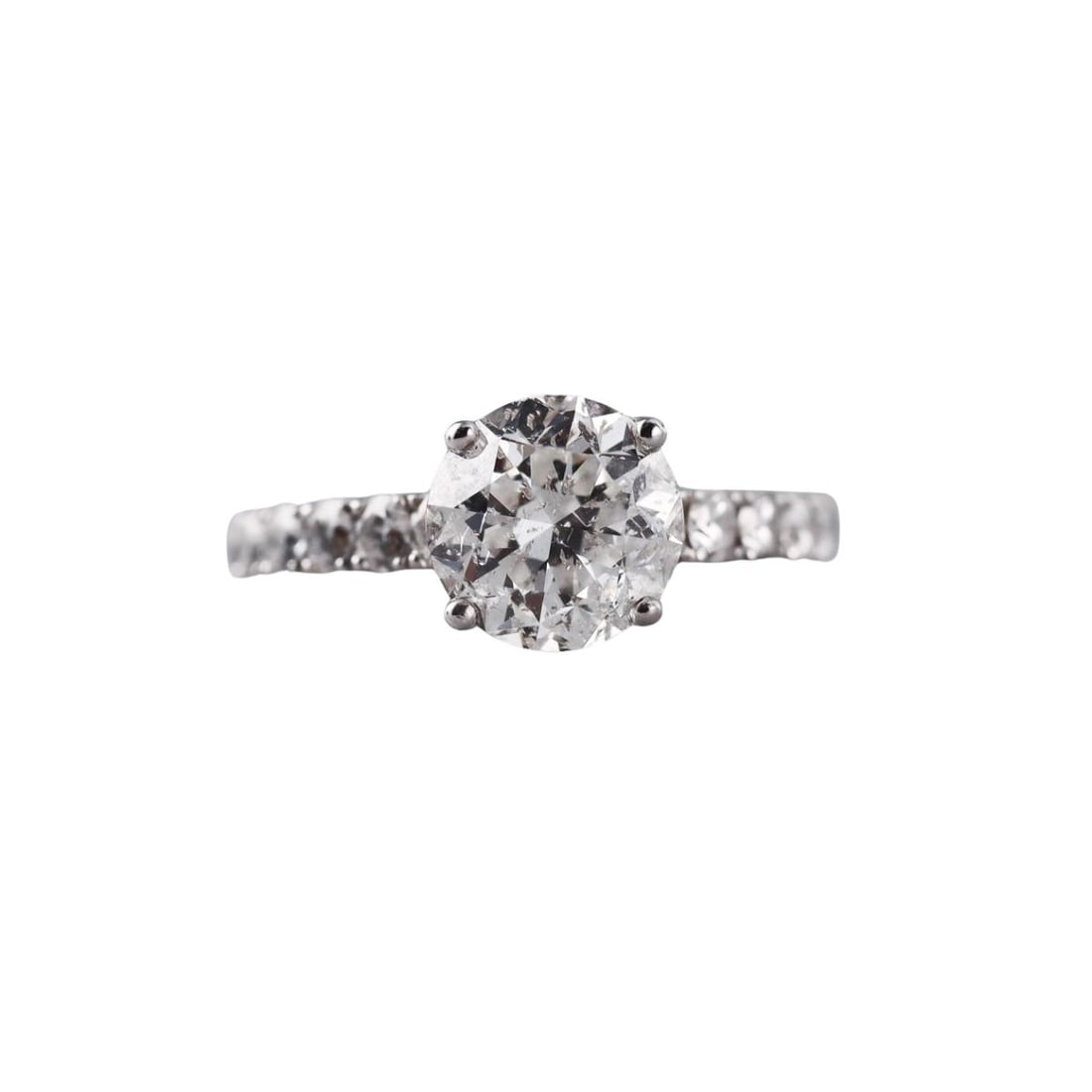 18k Gold 2.69ct Diamond Engagement Ring: Metal : 18k White Gold Designer : Not Signed Gemstone : Center diamond approx. 2.69ct (laser drilled) Imperfect stone. Measurements : Ring size 6.5. Marked: : 18k. Weight: