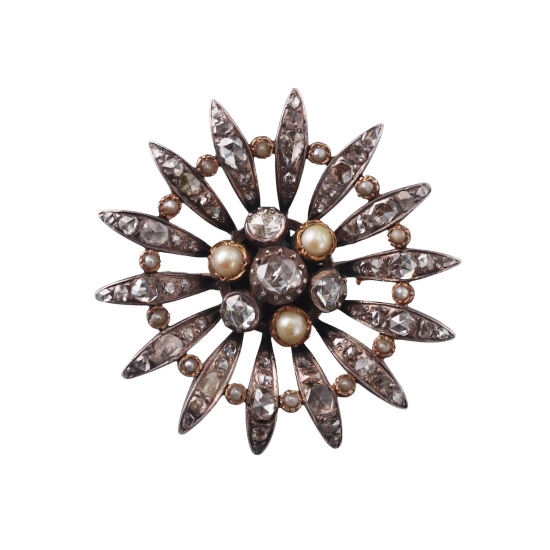 Antique Victorian 18K Gold Silver Diamond Pearl Brooch Pin: Metal : 18K Gold, Silver Designer : Not Signed Gemstone : Rose Cut Diamonds-approx.1.50ctw, Pearls Measurements : Brooch/Pin is 41mm in diameter Marked: : Tested 18K, Silver