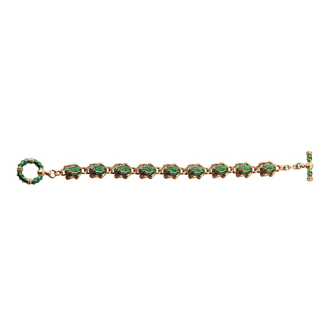 Hidalgo 18k Gold Enamel Frog Toggle Bracelet: Metal : 18k Yellow Gold Designer : Hidalgo Gemstone : None Measurements : Bracelet is 7" long and 10mm wide. Marked: : Hidalgo 750. Weight: : 34.3 grams Condition: : Excellent. Additional: n/a
