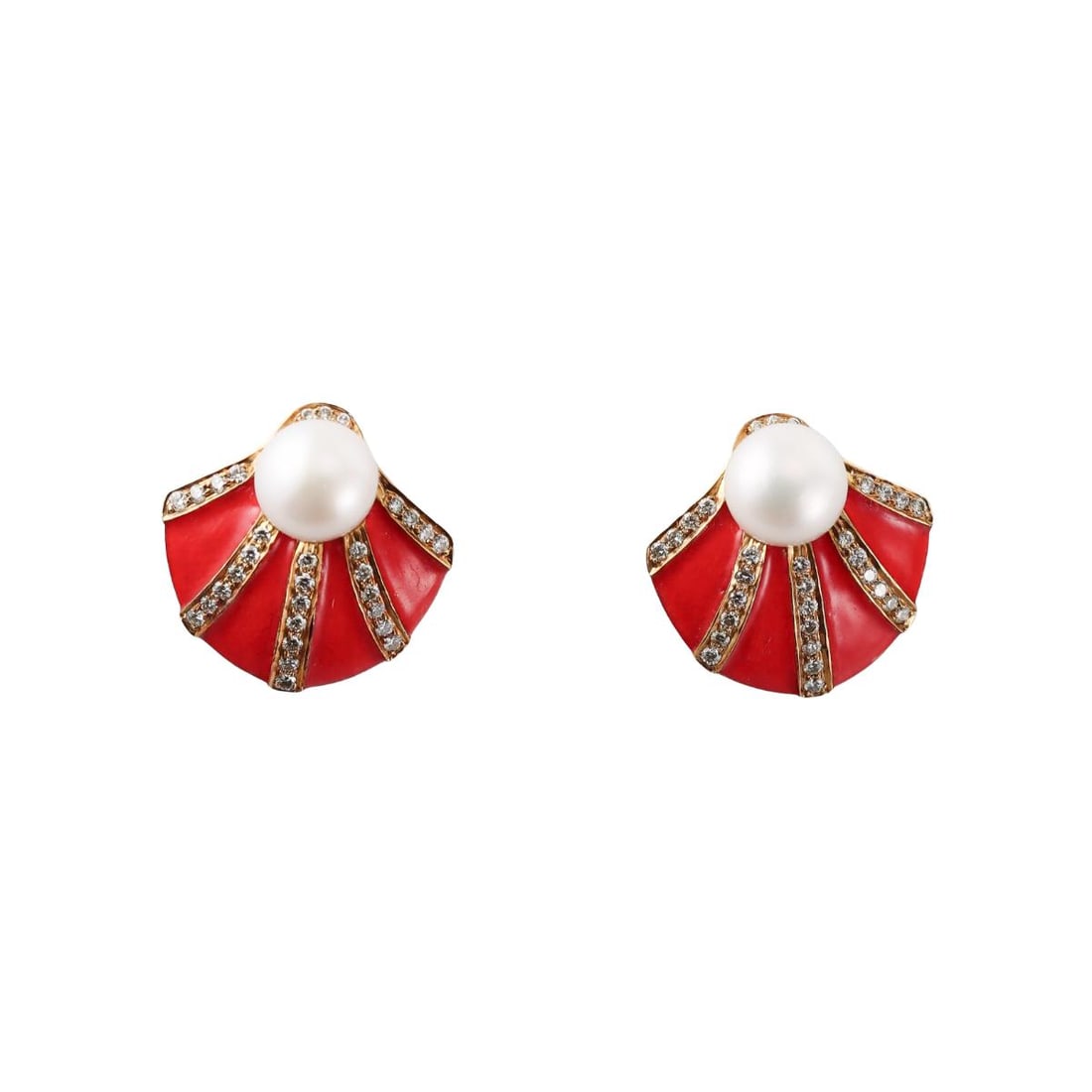 18k Gold Pearl Diamond Enamel Shell Motif Earrings: Metal : 18k Yellow Gold Designer : Not Signed Gemstone : Pearls 11mm, Diamonds approx. 0.50ctw. Measurements : Earrings are 25mm x 26mm. Marked: : SJ 18k. Weight: : 18.3