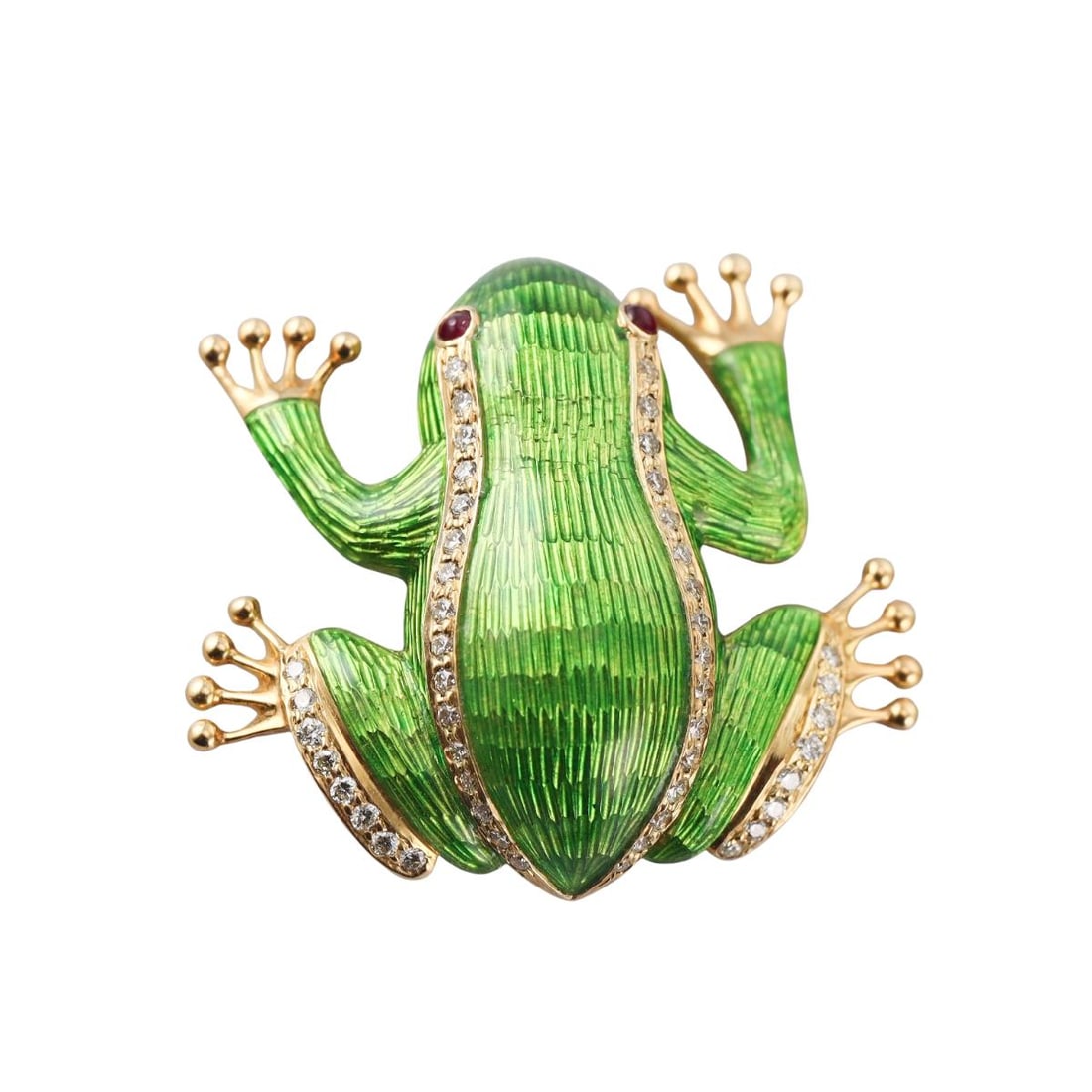 18k Gold Diamond Ruby Enamel Frog Brooch Pin: Metal : 18k Yellow Gold Designer : Not Signed Gemstone : Diamonds approx. 0.50ctw, Ruby eyes Measurements : Brooch is 37mm x 42mm. Marked: : 18k. Weight: : 20 grams