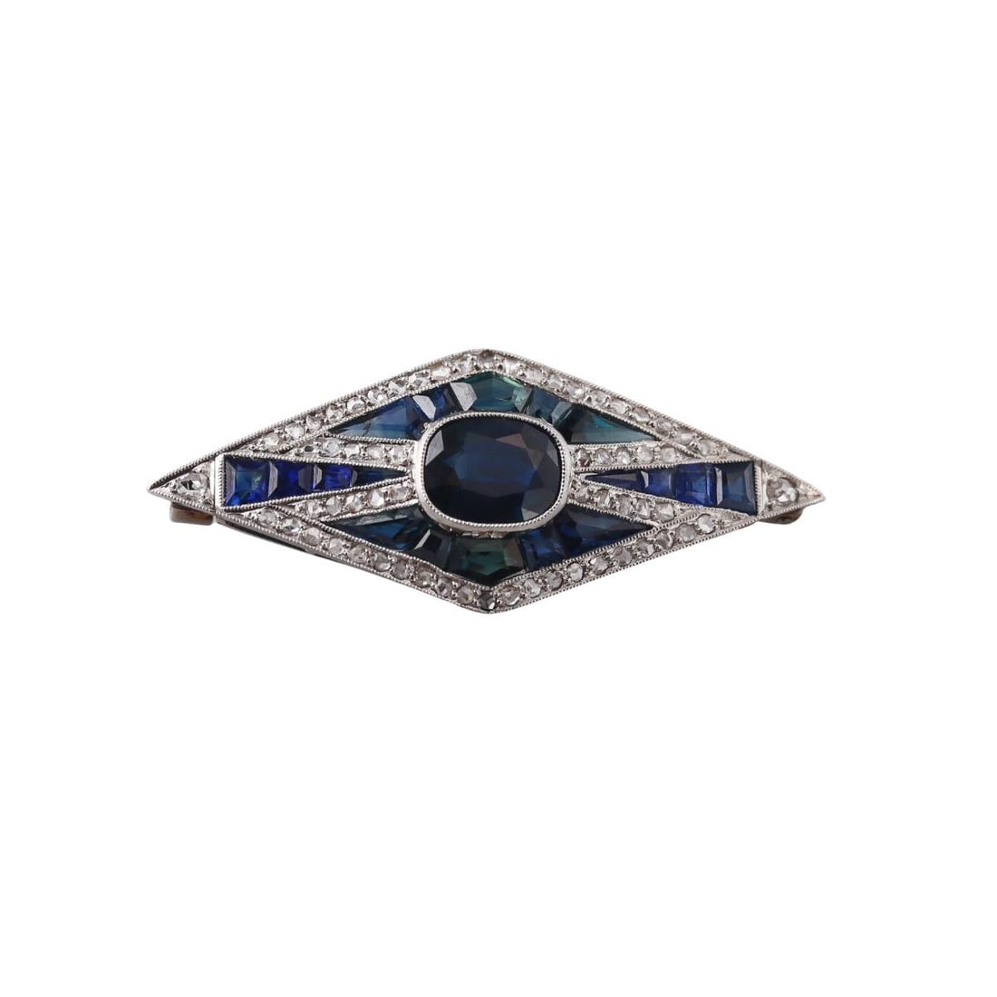 Art Deco Platinum Sapphire Diamond Brooch Pin: Metal : Platinum Designer : Not Signed Gemstone : Sapphire center stone-approx.1.9ct, Total Sapphire weight-approx. 3.00ctw, Rose Cut Diamonds Measurements : Brooch is 40mm x 17mm Marked: : Tested