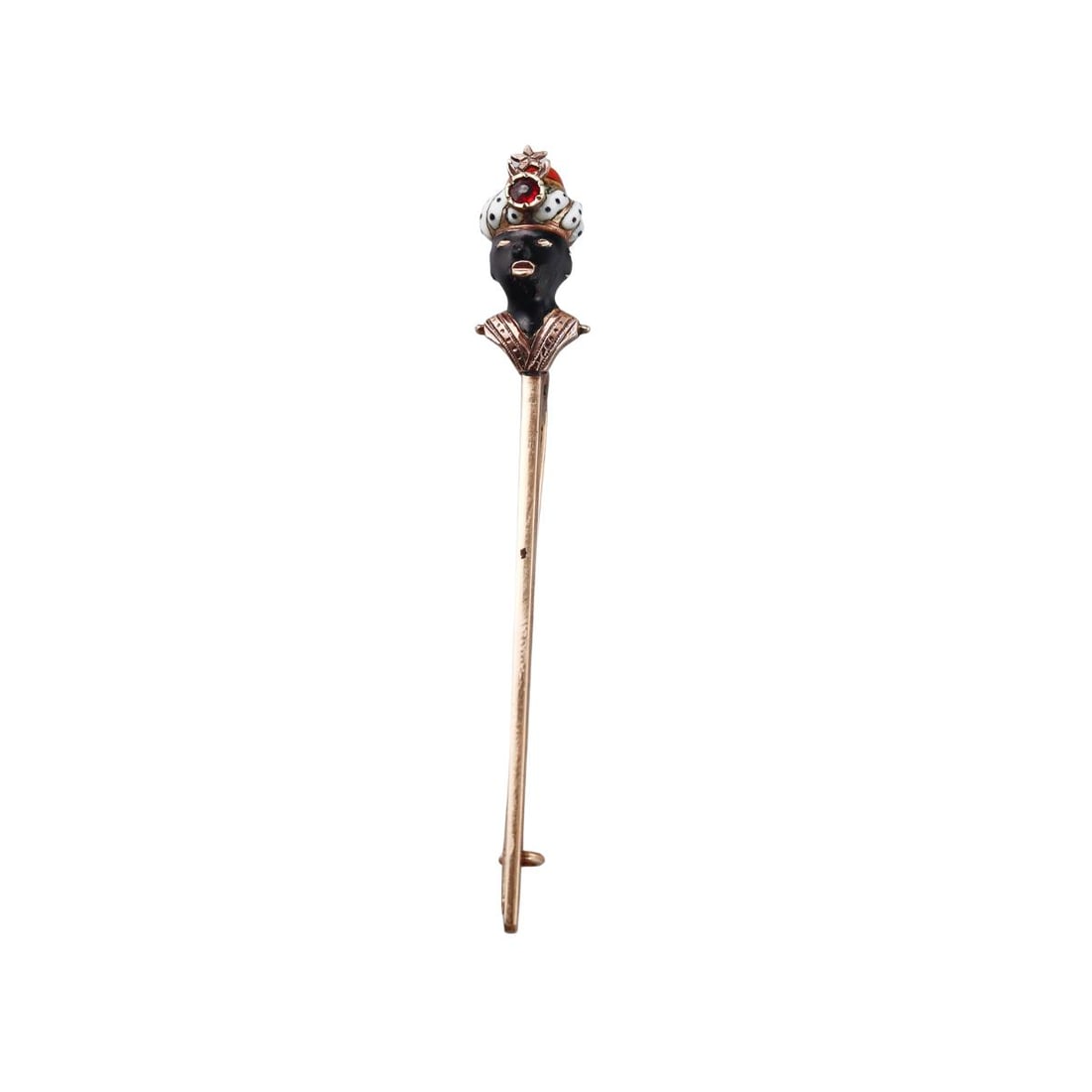 Antique 14K Gold Coral Enamel Blackamoor Brooch Pin: Metal : 14K Rose Gold Designer : Not Signed Gemstone : Coral, Red Stone, Black and White Enamel Measurements : Brooch is 62mm long and 7mm at widest point Marked: : Tested 14K Weight: : 4.3 grams