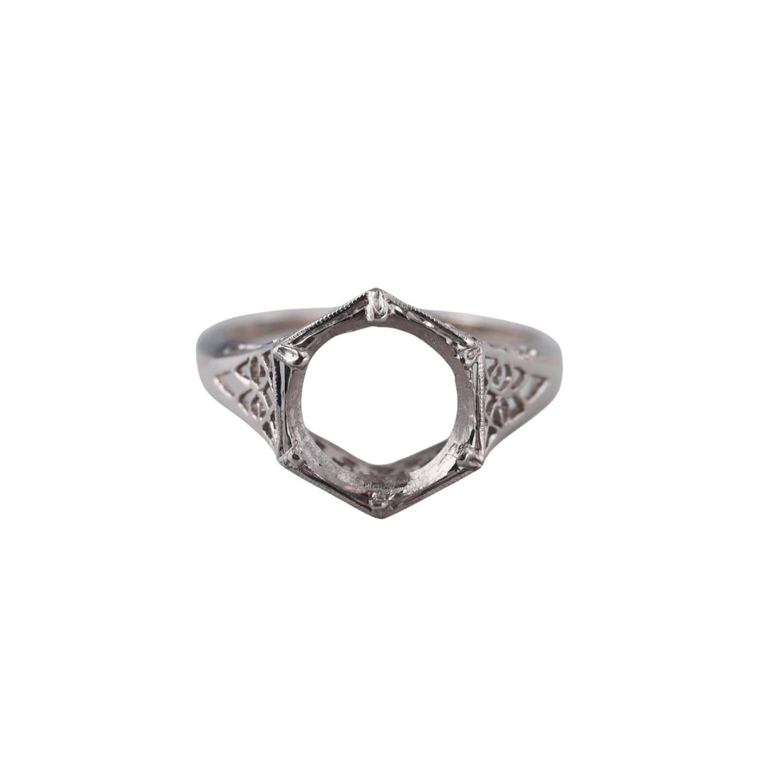 Filigree Platinum Engagement Ring Setting: Metal : Platinum Designer : Not Signed Gemstone : None Measurements : Ring size is 6.25 Marked: : Tested Plat Weight: : 2.7 grams Condition: : Excellent Additional: N/A