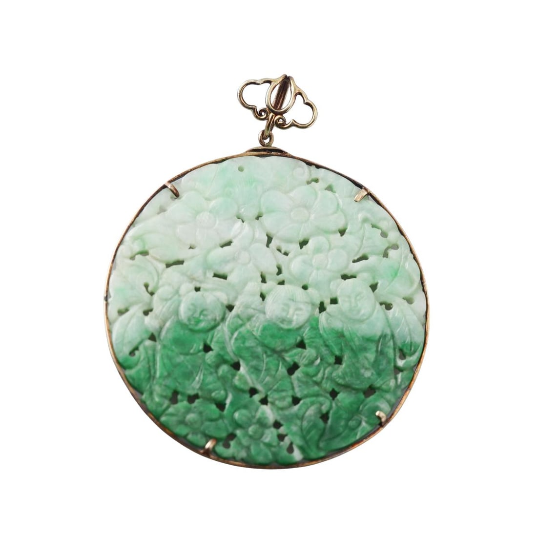 Monarch 14K Gold Carved Jade Circle Pendant: Metal : 14K Gold Designer : Monarch Gemstone : Carved Jade Measurements : Pendant is 55 in diameter Marked: : Monarch 14K Weight: : 17.3 grams Condition: : Exce