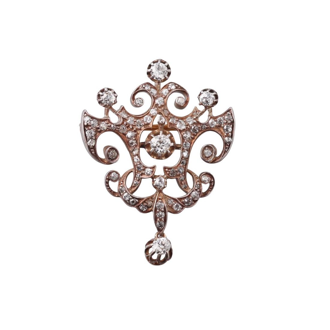 French Antique Georgian 18K Gold Silver Diamond Brooch: Metal : 18K Gold, Silver Designer : Not Signed Gemstone : Diamonds-approx. 1.30ctw Measurements : Brooch is 42mm long and 34mm wide Marked: : French Gold mark, tested Silver, Gold