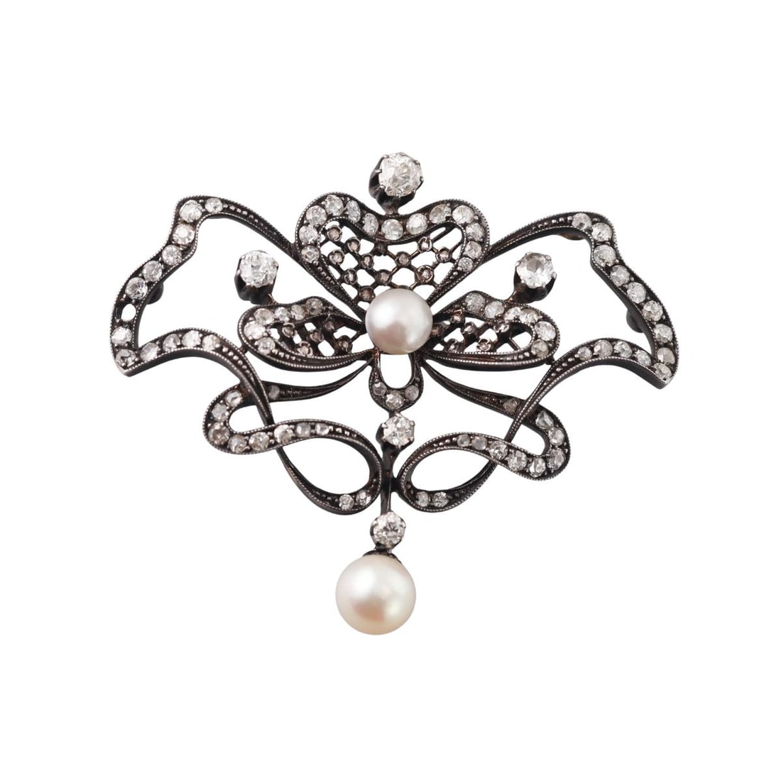 Antique Victorian 18K Gold Silver Diamond Pearl Pendant Brooch: Metal : 18K Gold, Silver Designer : Not Signed Gemstone : Diamonds-approx. 1.70ctw, Pearls- 6.2mm and 7.5mm Measurements : Pendant is 53mm wide and 43mm long Marked: : Tested 18K, Silver Weight: :