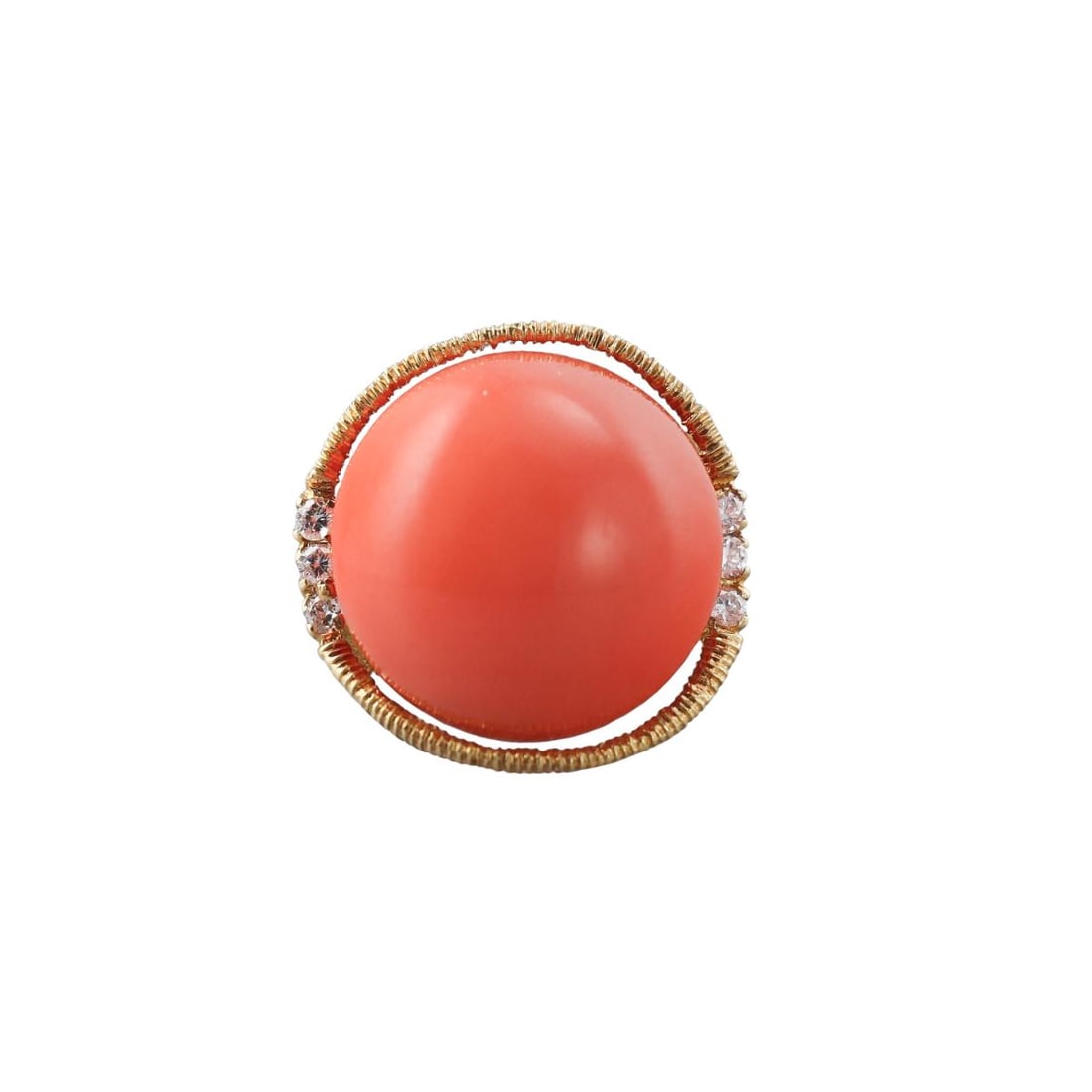 Spritzer & Fuhrmann 18k Gold Coral Diamond Ring: Metal : 18k Yellow Gold Designer : Spritzer & Fuhrmann Gemstone : Coral 18mm, Diamonds approx. 0.18ctw. Measurements : Ring size 6, top is 21mm in diameter. Marked: : S+F, 750. Weight: : 12.6 grams