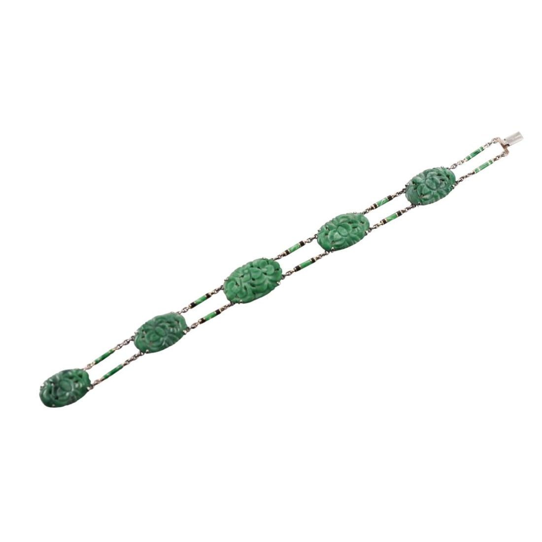 14K Gold Carved Jade Bracelet: Metal : 14K White Gold Designer : Not Signed Gemstone : Carved Jade Measurements : Bracelet is 8" long and 14.5mm wide Marked: : 14K Weight: : 14.9 grams Condition:
