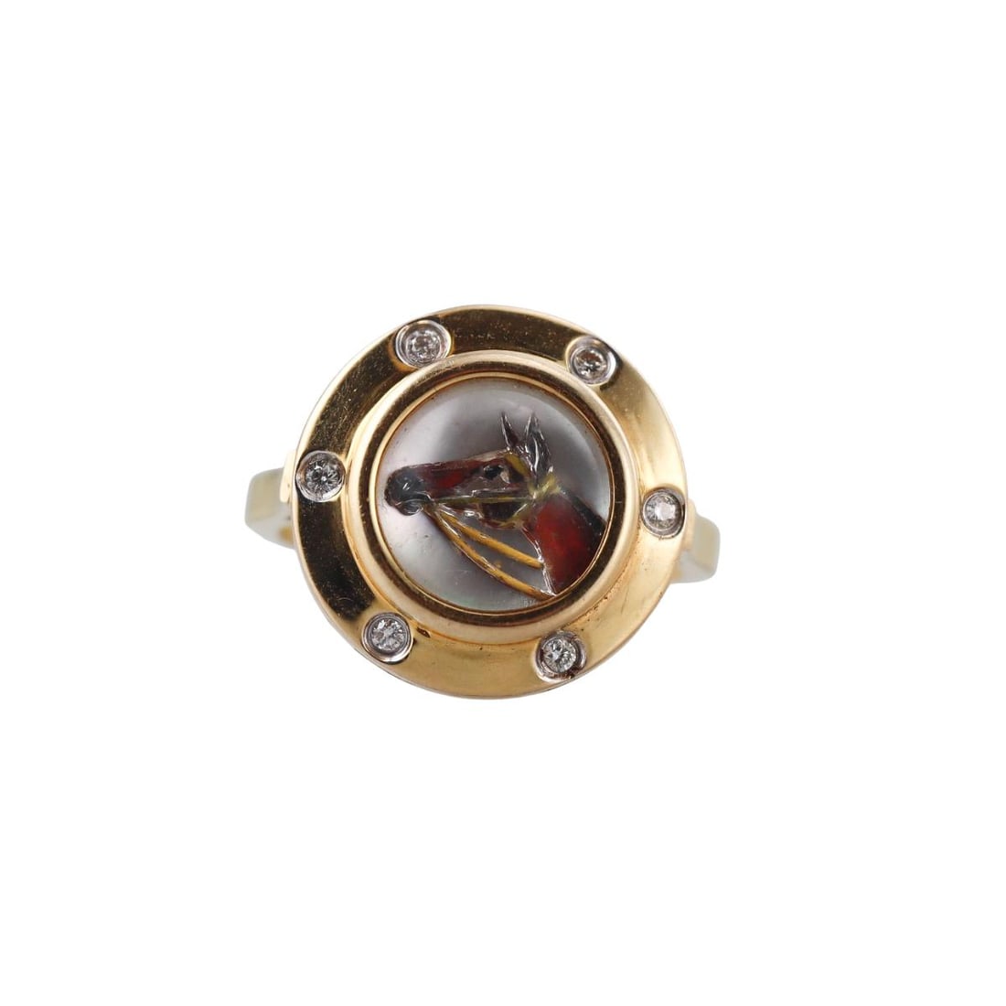18k Gold Diamond Reverse Painting Horse Equestrian Crystal Ring: Metal : 18k Yellow Gold Designer : Not Signed Gemstone : Diamonds, Crystal Measurements : Ring size 6.5, top is 16mm in diameter. Marked: : Tested 18k. Weight: : 6.9 gram