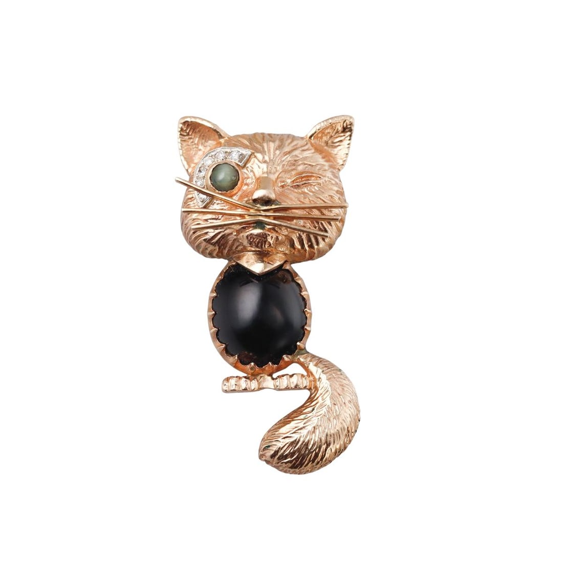Vintage 14k Gold Onyx Diamond Cat's Eye Winking Cat Brooch: Metal : 14k Yellow Gold Designer : Not Signed Gemstone : Diamonds, Onyx, Cat's eye. Measurements : Brooch is 45mm x 22mm. Marked: : 14k. Weight: : 15.1 grams Co