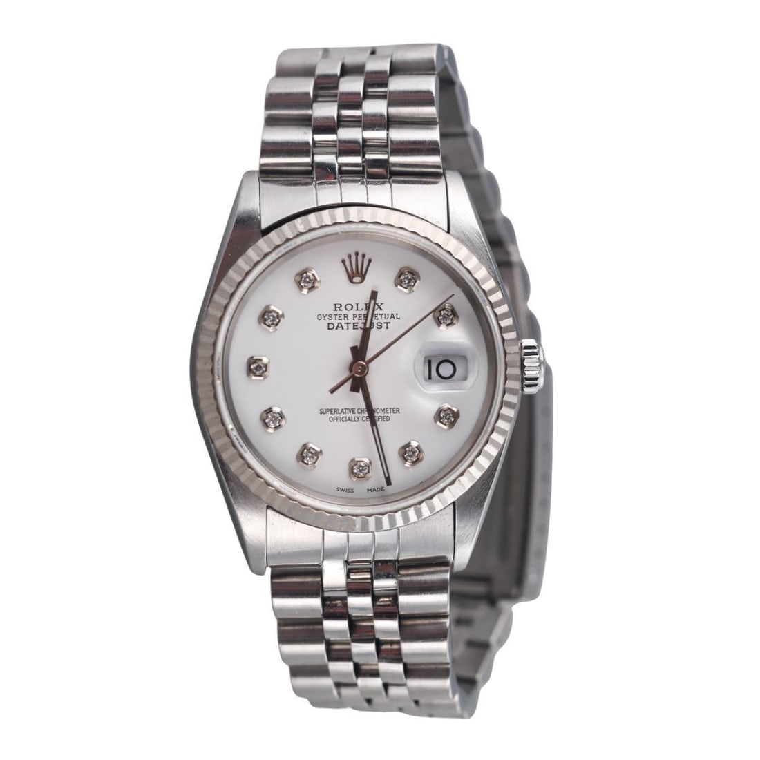 Rolex Datejust 36mm Stainless Steel White Diamond Dial Watch 16234: Metal : Stainless Steel Designer : Rolex Movement : Automatic - working order. Measurements : Case 36mm, steel jubilee bracelet will fit approx. 7" wrist. Reference/Model: : Ref. 16234, S