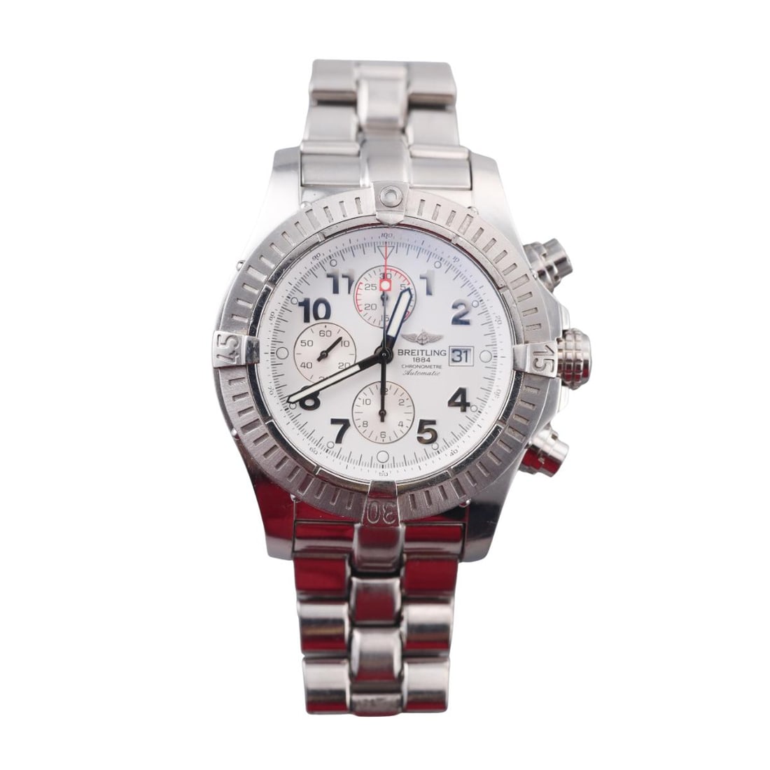 Breitling Super Avenger White Dial Chronograph Steel Mens Watch A13370: Metal : Stainless Steel Designer : Breitling Movement : Automatic - working order. Measurements : Case 48.4mm, bracelet will fit approx. 7" wrist. band shows moderate stretching & scratches throughout