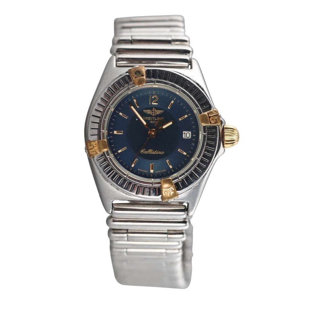 Breitling Callistino B52044 Two Tone Ladies Watch: Metal : Two Tone Stainless Steel/ Gold Designer : Breitling Movement : Quartz - working order. Measurements : Case 27mm, bracelet will fit approx. 6.75" wrist. Reference/Model: : B52044