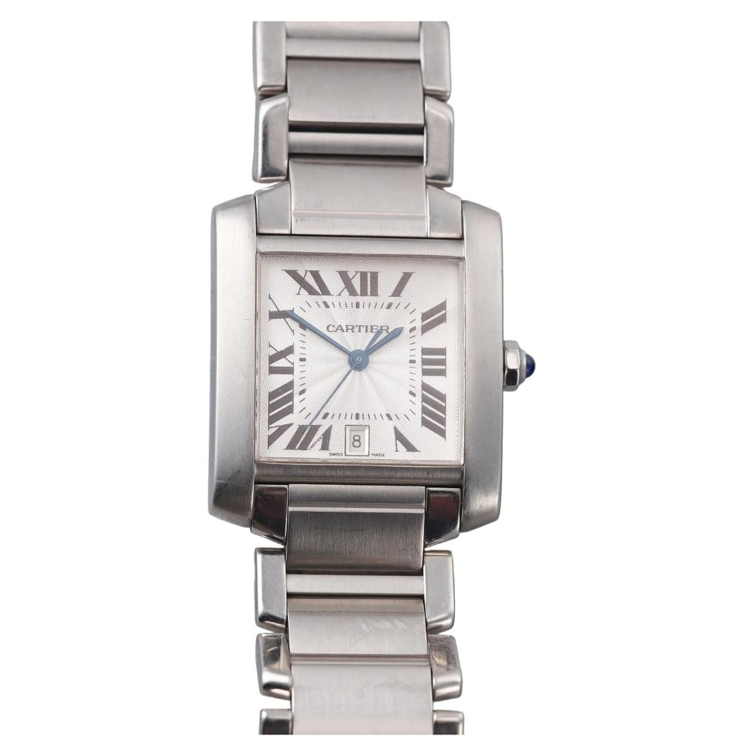 Cartier Tank Francaise Stainless Steel Automatic Watch 2302: Metal : Stainless Steel Designer : Cartier Movement : Automatic - working order. Measurements : Case 32 x 27mm, stainless steel bracelet will fit approx. 6-6.5" wrist max. Buckle does not stay closed 