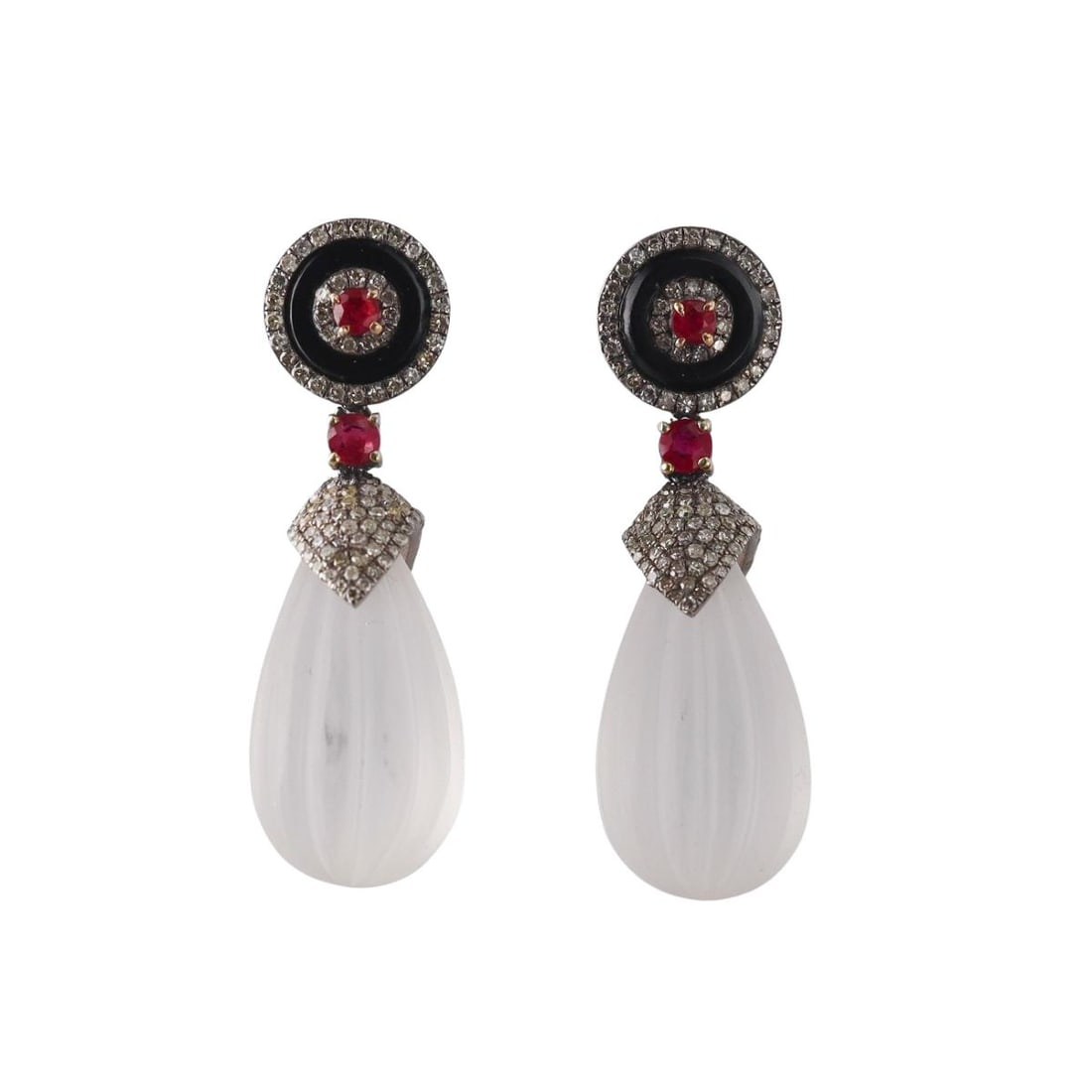 14K Gold Silver Diamond Ruby Frosted Crystal Onyx Drop Earrings: Metal : 18K Gold, 14K Gold, Silver Designer : Not Signed Gemstone : Diamonds-approx.1.17ctw, Rubies-approx. 0.44ctw, Black Onyx, Frosted Rock Crystal Measurements : Earrings are 37mm long and 12mm at 