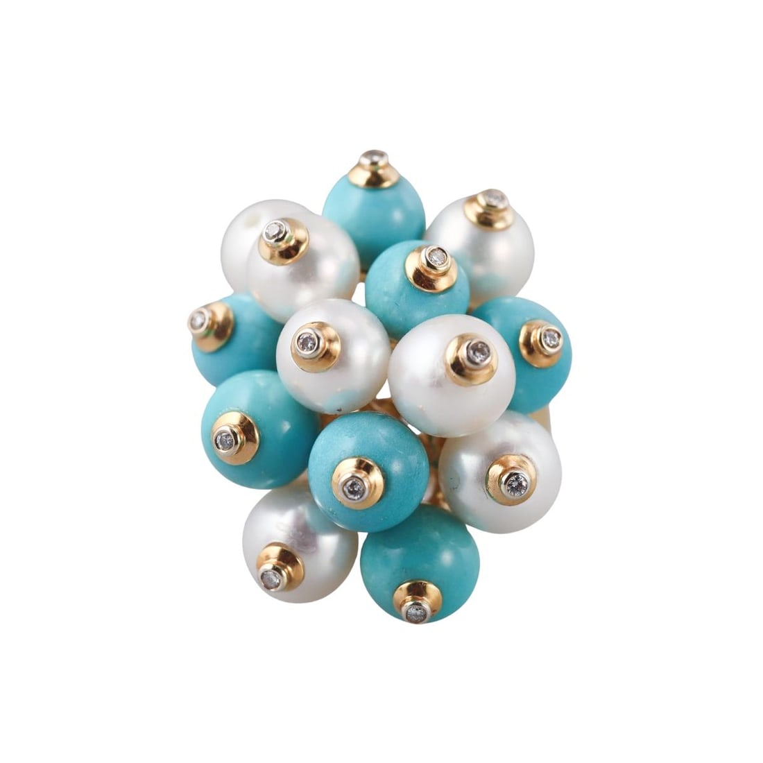 18k Gold Turquoise Pearl Diamond Cocktail Ring: Metal : 18k Yellow Gold Designer : Not Signed Gemstone : Turquoise 8mm, Pearls 8-8.5mm, Diamonds. Measurements : Ring size 4, top is 32mm x 26mm. Marked: : 750. Weight: