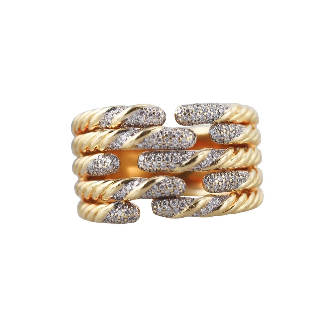 David Yurman 18k Gold Diamond Labyrinth Ring: Metal : 18k Yellow Gold Designer : David Yurman Gemstone : Diamonds approx. 0.38ctw. Measurements : Ring size 7, width 14mm. Marked: : DY, 750. Weight: : 15.5 grams