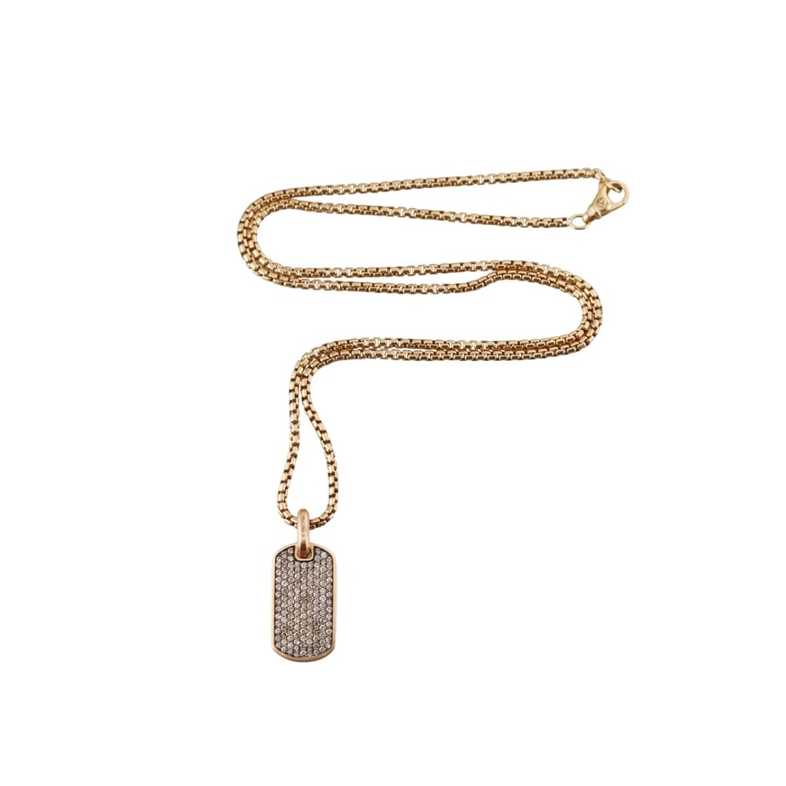 David Yurman 18k Gold 24" Box Chain Chevron Cognac Diamond Tag Pendant: Metal : 18k Yellow Gold Designer : David Yurman Gemstone : Diamonds approx. 1.58cw. Measurements : Necklace is 24" long, pendant is 27mm x 14.3mm. Marked: : DY 750. Weight: