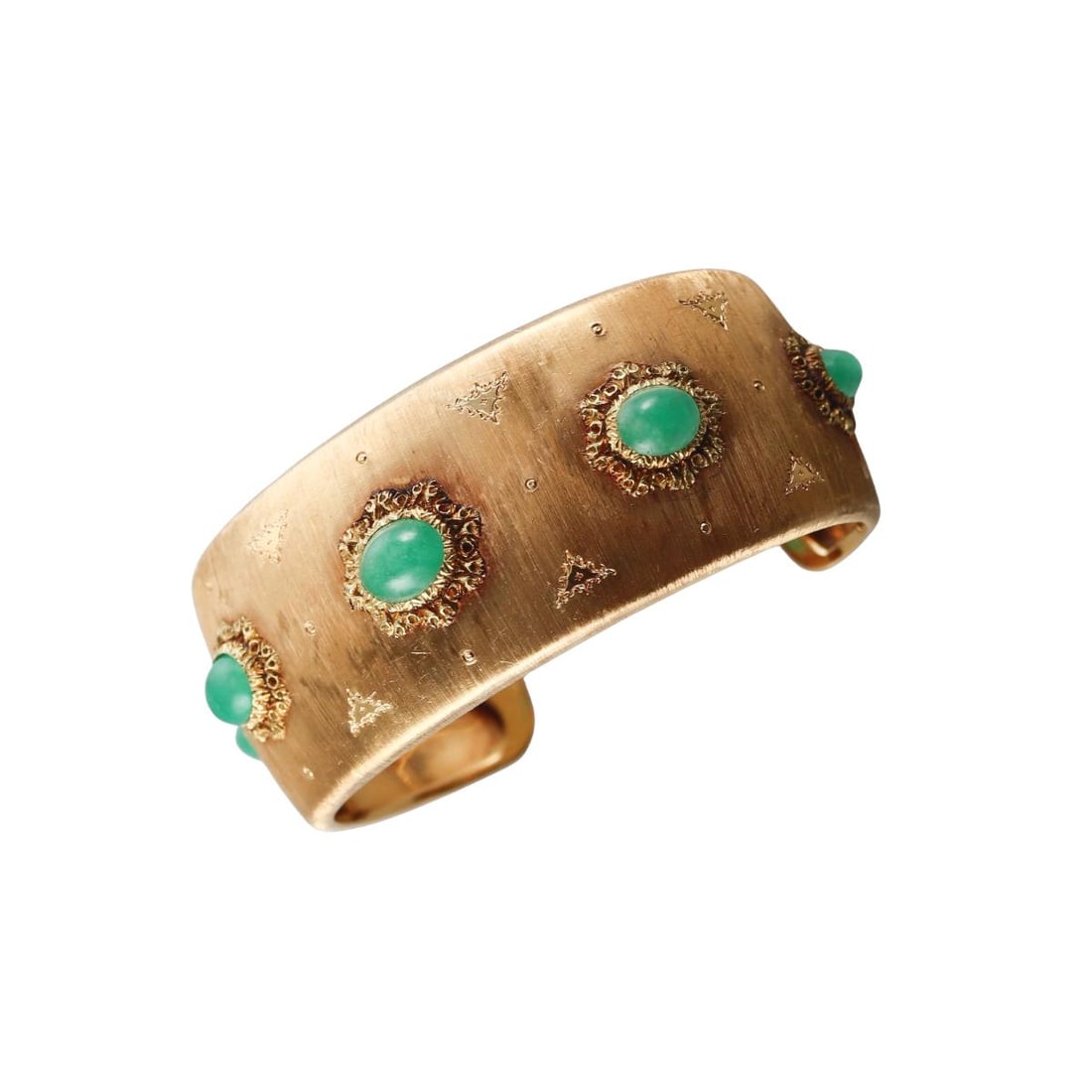 Buccellati 18k Gold Emerald Diamond Cuff Bracelet: Metal : 18k White Yellow Gold Designer : Buccellati Gemstone : Emeralds (one stone is loose, not missing) Measurements : Bracelet will fit approx. 7" wrist and is 28mm wide. Marked: :