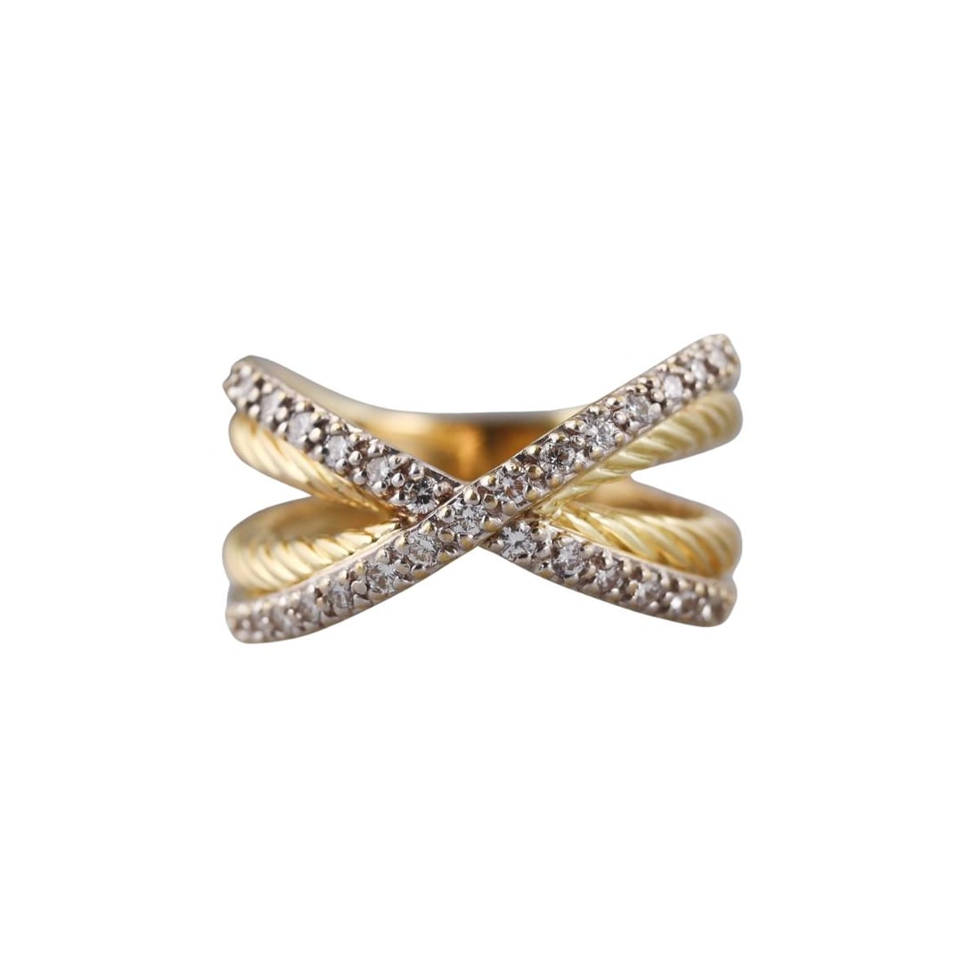 David Yurman 18k Gold Diamond Crossover Cable Ring: Metal : 18k Yellow Gold Designer : David Yurman Gemstone : Diamonds approx. 0.20ctw. Measurements : Ring size 8.5, width 13mm. Marked: : DY 750. Weight: : 11.5 grams