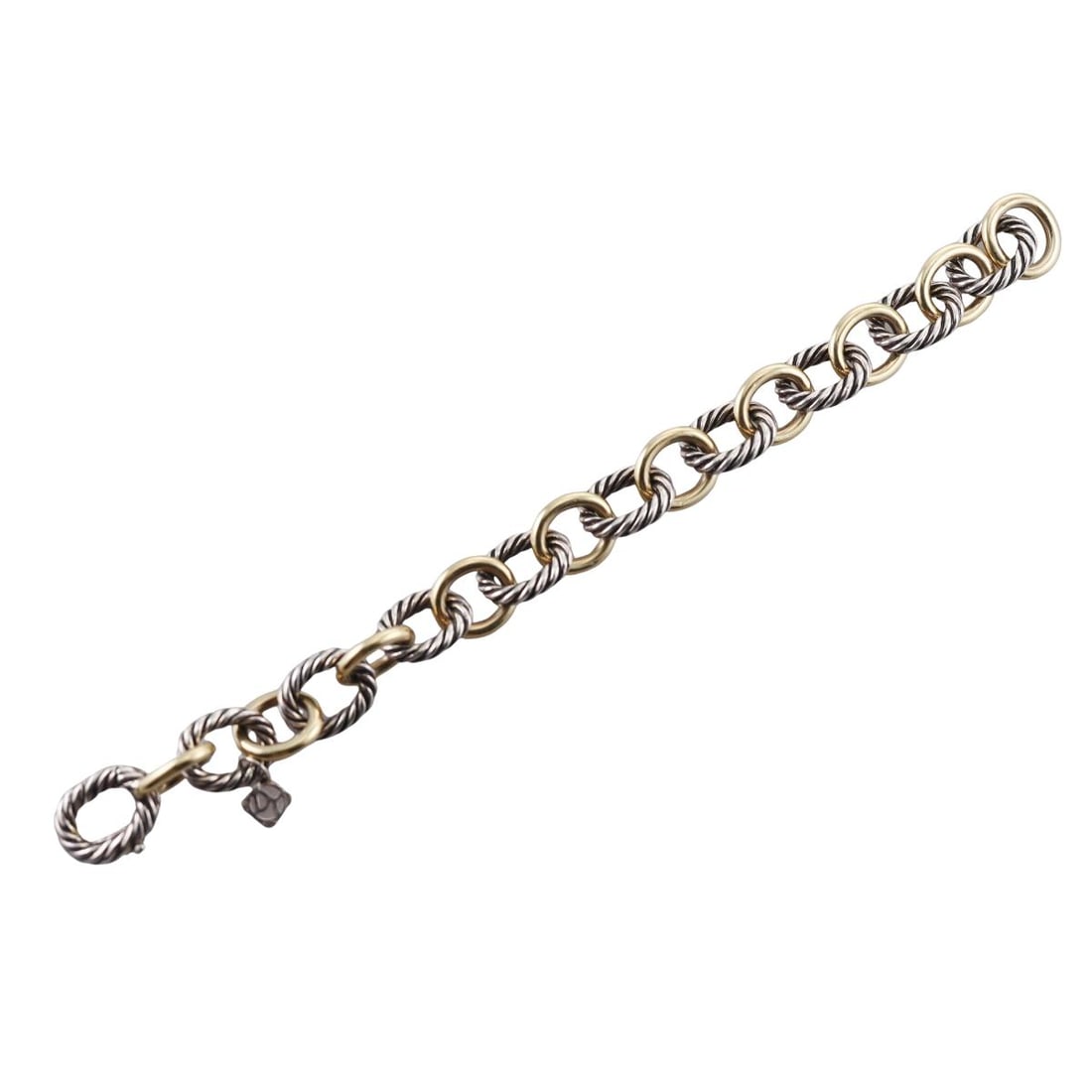 David Yurman Silver 18k Bonded Gold Oval Link Cable Bracelet: Metal : Sterling Silver / 18k Bonded Gold Designer : David Yurman Gemstone : None Measurements : Bracelet is 7.5" long and 13mm wide. Marked: : Dy, 925, 1/4 750. Weight: