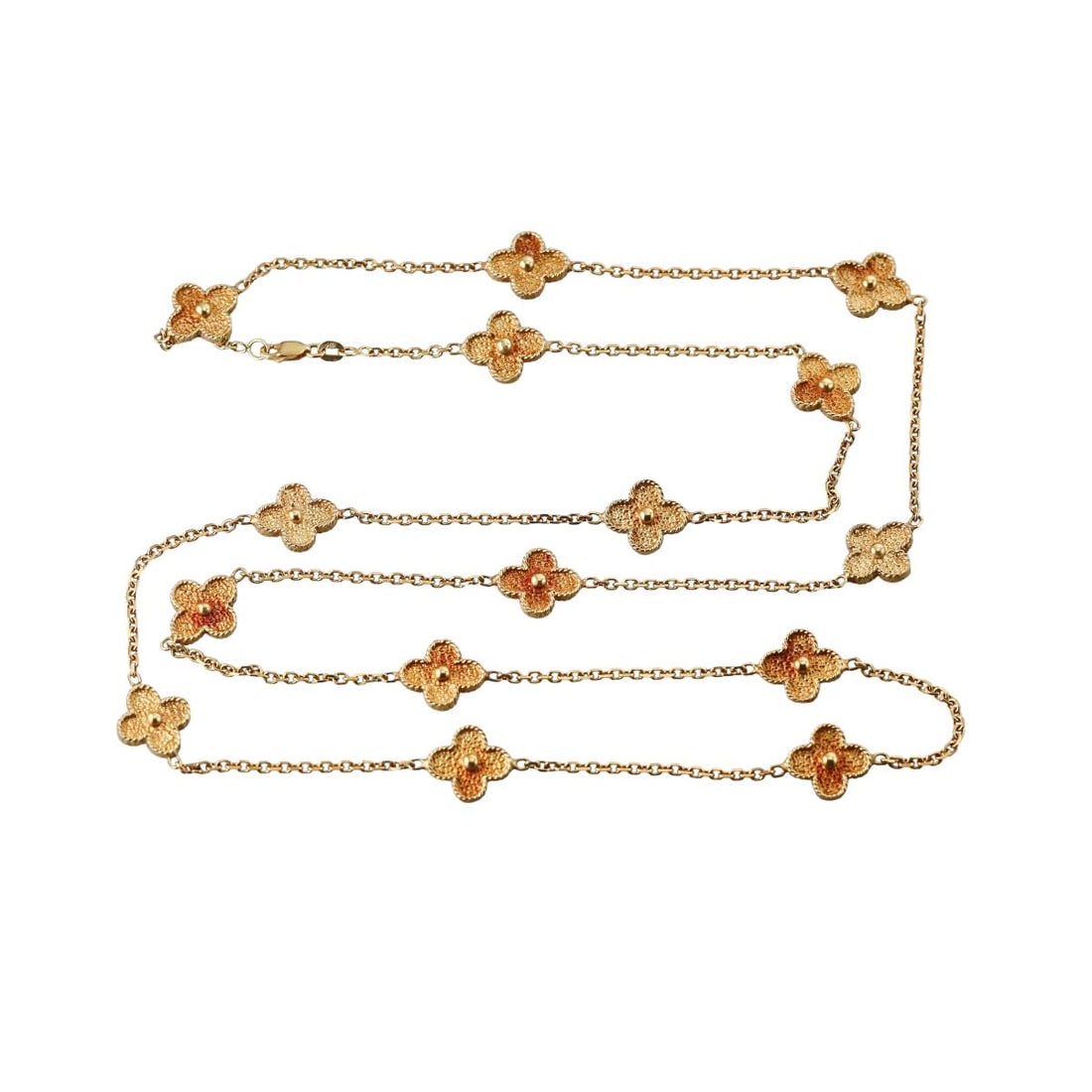 18K Gold Clover Station Necklace: Metal : 18K Yellow Gold, 14K Gold (clasp is not original) Designer : Not Signed Gemstone : None Measurements : Necklace is 33" long. Clover motif is 12mm each. Marked: : 18K CYTI, 14K