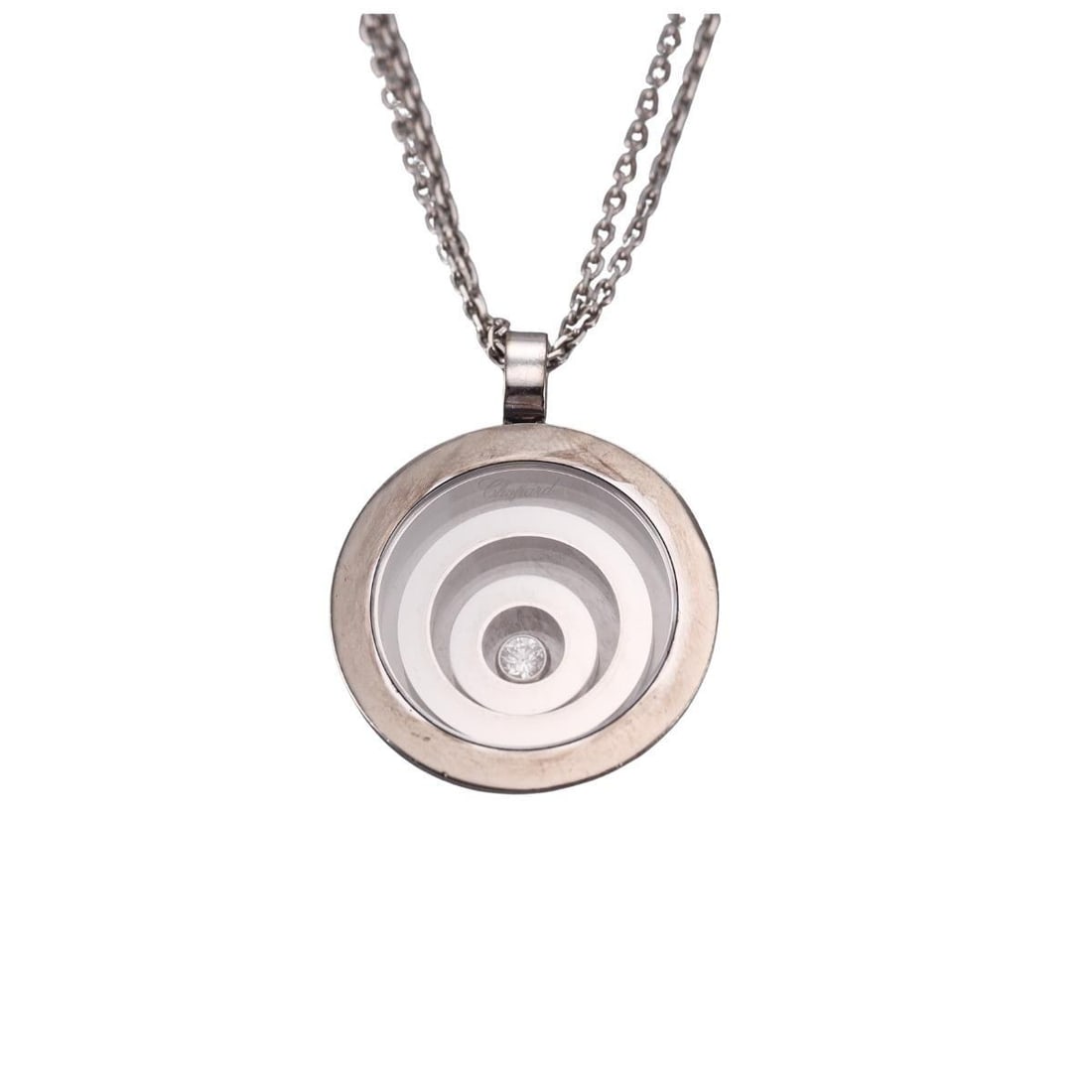 Chopard Happy Spirit 18k Gold Diamond Pendant Necklace 79/5418-20: Metal : 18K White Gold Designer : Chopard Gemstone :Diamond approx. 0.06ct Measurements : Necklace is 16" long, pendant is 23mm in diameter Marked: : Chopard, 750, 79/5418-20, Serial No