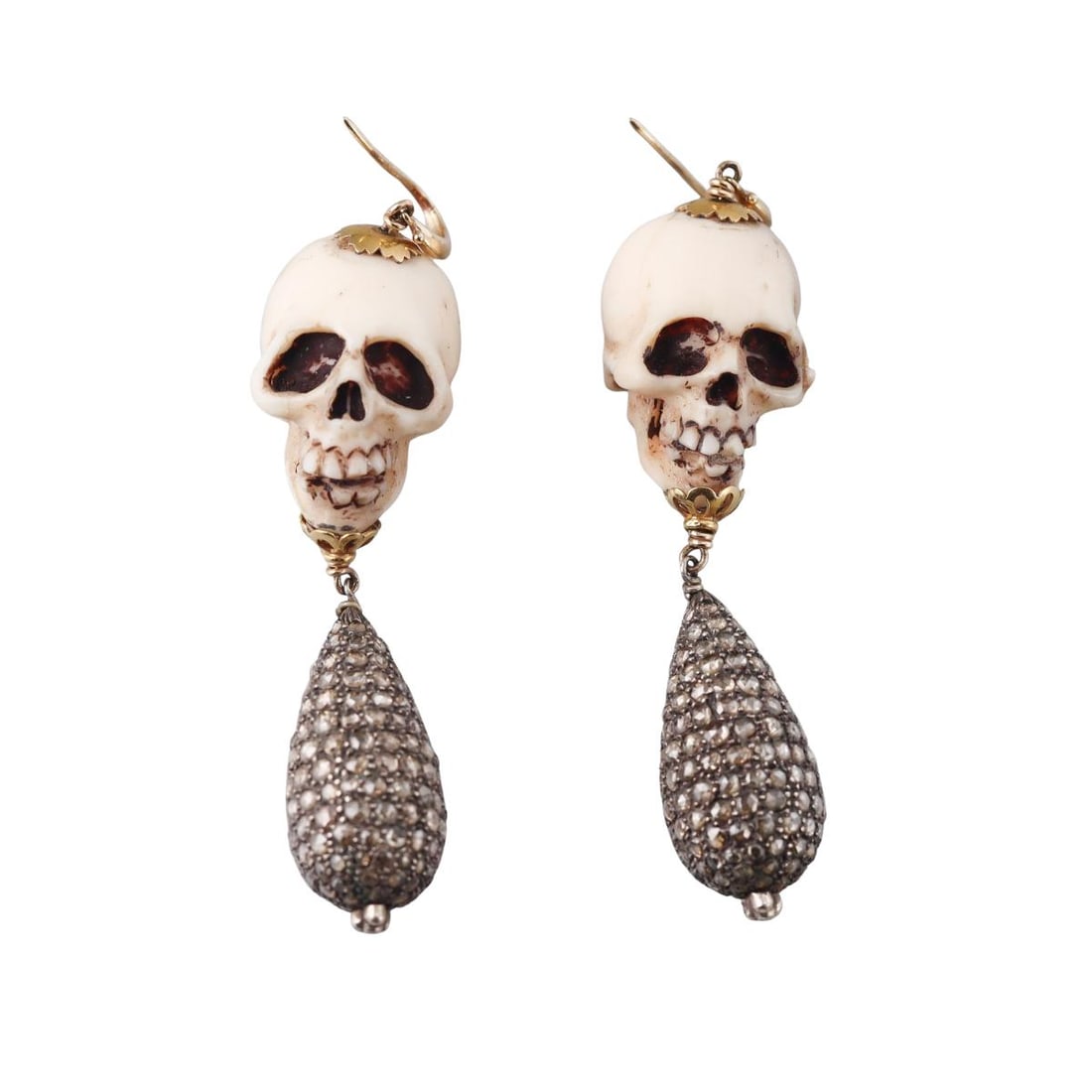 14k Gold Silver Rose Cut Diamond Skull Drop Earrings: Metal : 14k Gold / Silver Designer : Not Signed Gemstone : Rose cut Diamonds Measurements : Earrings are 70mm long. Marked: : Wires tested 14k, drops are silver. Weight: