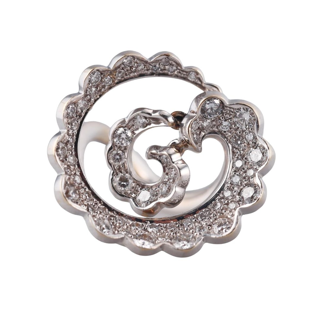 Io Si 18k Gold Diamond Swirl Motif Ring: Metal : 18k White Gold Designer : Io Si Gemstone : Diamonds approx. 1.00ctw. Measurements : Ring size 7, top is 28mm in diameter. Marked: : 750, Italian Io Si mark. Weight: