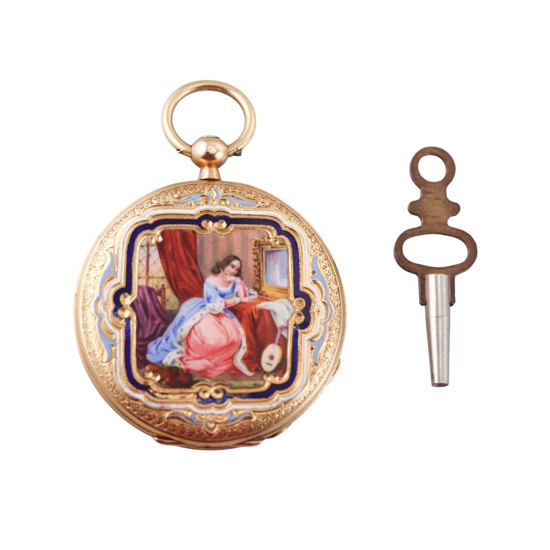 Antique French 18k Gold Enamel Key Wind Pocket Watch: Metal : 18k Yellow Gold Designer : Not Signed Gemstone : None Measurements : Case 36mm. Movement: : Key wound manual wind - working order. Weight: : 33.1 grams