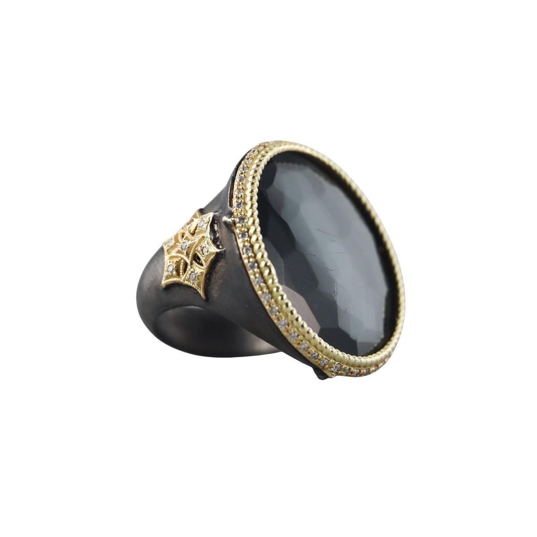Armenta Old World 18k Gold Silver Black Hematite Diamond Cocktail Ring: Metal : 18k Yellow Gold / Sterling Silver Designer : Armenta Gemstone : Diamonds 0.26ctw, Hematite (Stone has surface scratches) Measurements : Ring size-7, top is 27mm in diameter. Marked: