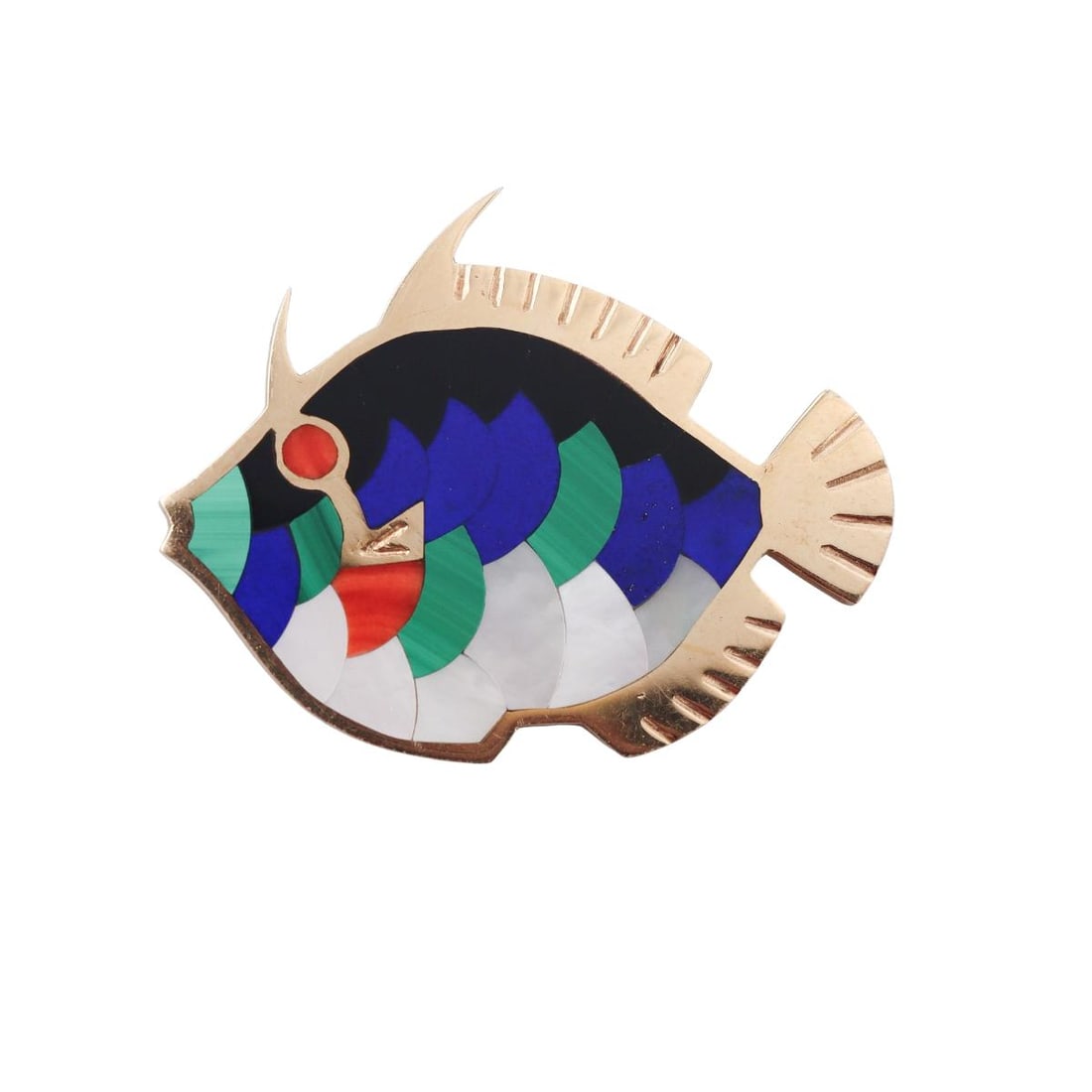 Asch Grossbardt 14k Gold Inlay Gemstone Fish Brooch Pin: Metal : 14k Yellow Gold Designer : Asch Grossbardt Gemstone : Inlay gemstones - lapis, malachite, MOP, onyx, sugilite Measurements : Brooch is 50mm x 42mm. Marked: : AG mark, 14k.
