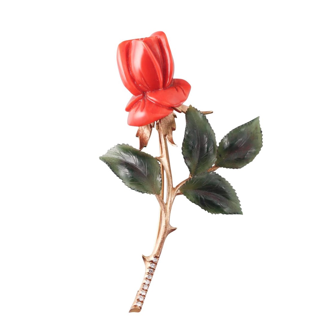 Continental Vintage 14k Gold Diamond Coral Nephrite Rose Flower Brooch Pin: Metal : 14k Yellow Gold Designer : Not Signed Gemstone : Carved coral, nephrite, Diamonds approx. 0.14ctw. Measurements : Brooch is 3.5" x 2.25". Marked: : Continental mark, 585.