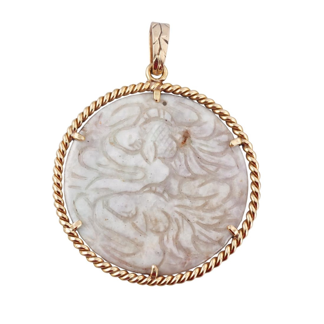 French 18k Gold Carved Jade Pendant: Metal : 18k Yellow Gold Designer : Not Signed Gemstone : Jade Measurements : Pendant is 57mm in diameter. Marked: : French mark. Weight: : 36.7 grams Condition