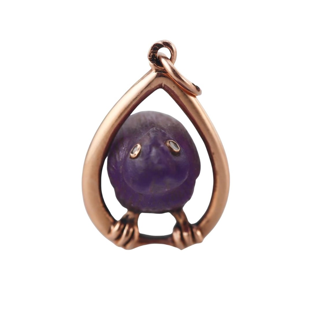 Faberge 14k Gold Diamond Amethyst Bird Pendant: Metal : 14k Rose Gold Designer : Faberge Gemstone : Diamond eye, Carved amethyst Measurements : Pendant is 25mm x 15mm x 16mm. Marked: : FA initials in Cyrillic , 56. Weight: