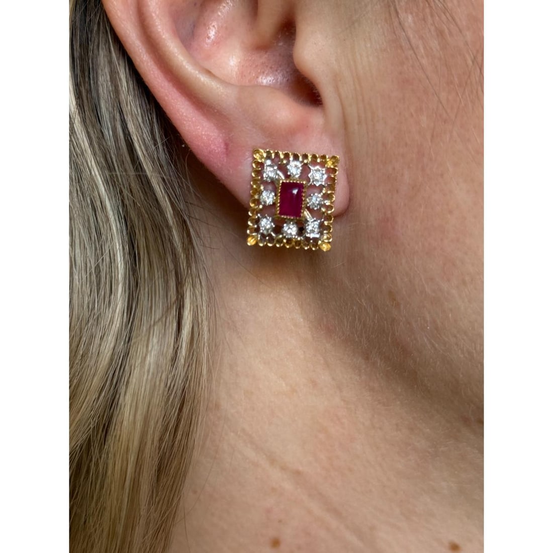 18k Gold Diamond Ruby Openwork Earrings - 4