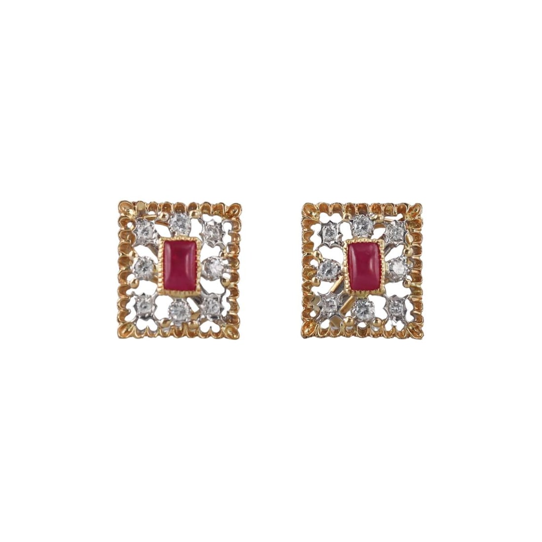 18k Gold Diamond Ruby Openwork Earrings: Metal : 18k White Yellow Gold Designer : Not Signed Gemstone : Diamonds 0.44ctw, Rubies 1.26ctw Measurements : Earrings are 20mm x 19mm. Marked: : R1.26, D0.44, k18, 750. Weight: : 8 grams Condition: