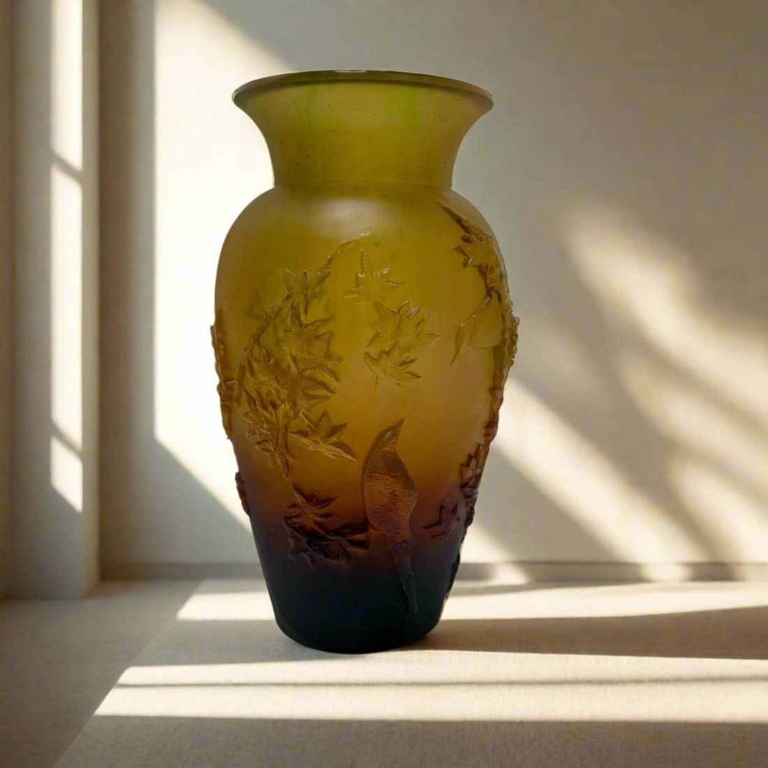 Daum Crystal Amber Autumn Vase 05294-3: Material : Crystal Designer : Daum Measurements : H: 14 1/2'', D: 6 1/2'' Marked: : Daum Condition: : Excellent. Additional: With box.