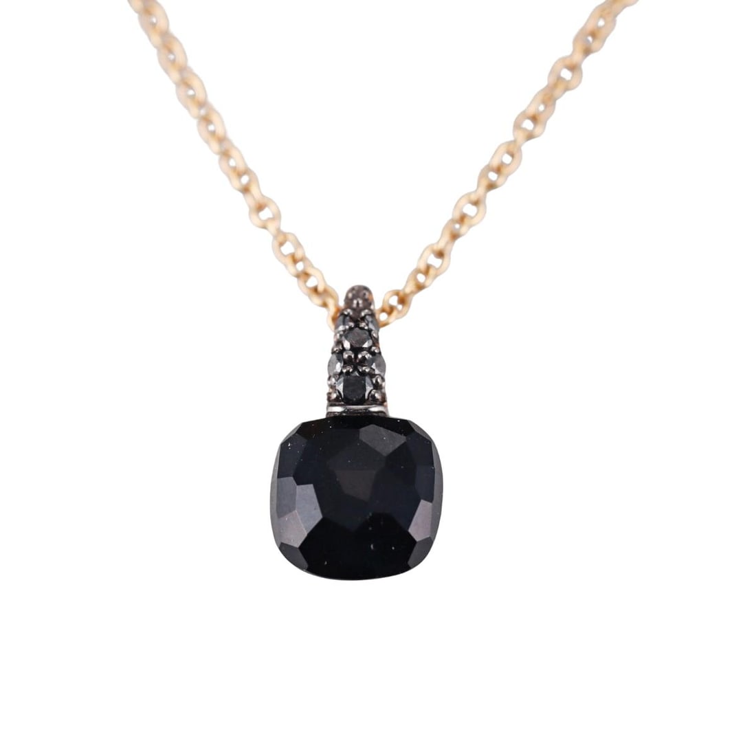 Pomellato Capri Rose Gold Onyx Black Diamond Pendant Necklace: Metal : 18k Rose Gold Designer : Pomellato Gemstone : Black diamonds approx. 0.10ctw, Onyx 9 x 9mm. Measurements : Necklace is 15" to 16/5" long, pendant is 16 x 9mm. Marked: : Serial No, Pomellato,