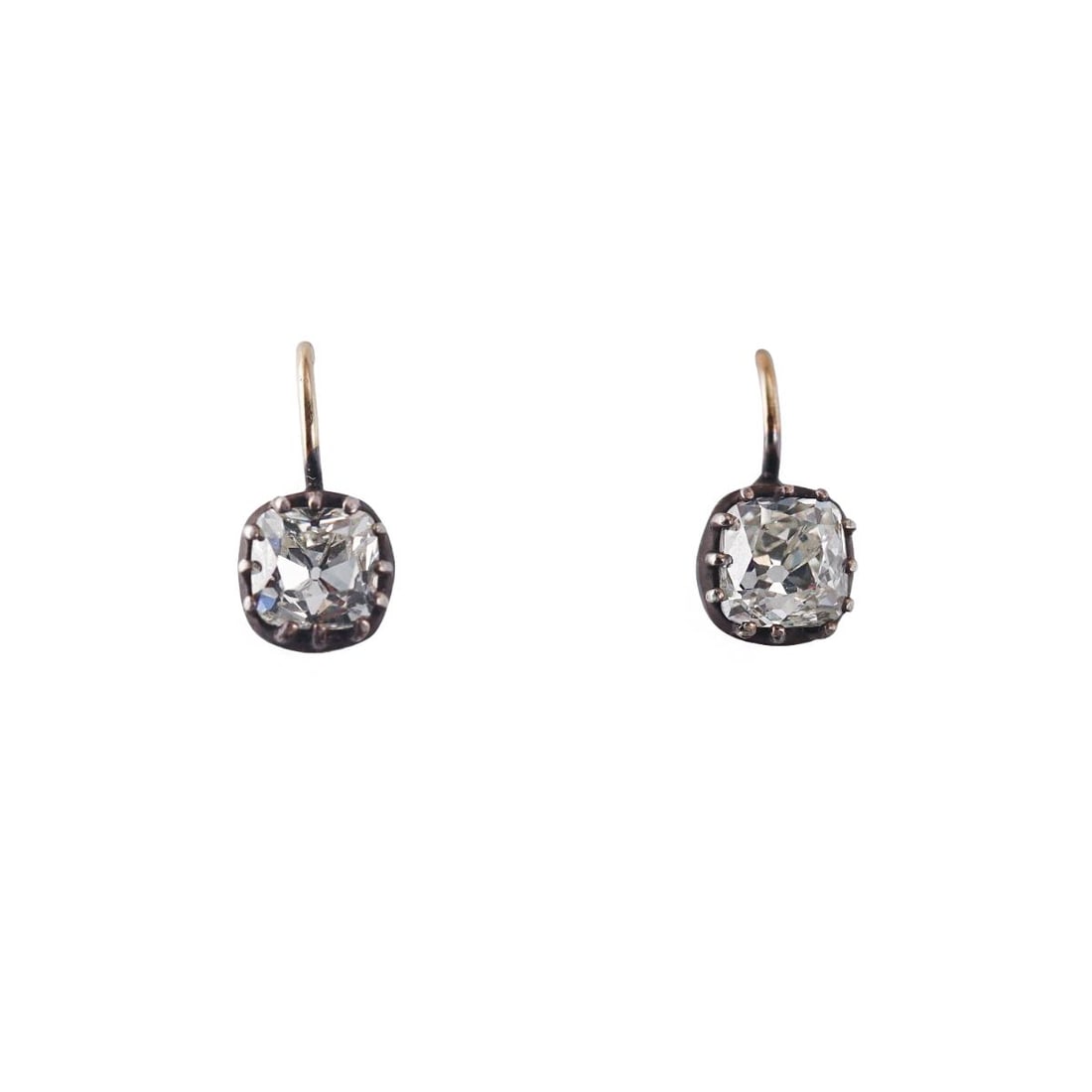 Antique 2ctw Old Mine Cut Diamond Gold Silver Earrings: Metal : 14k Gold / Silver Designer : Not Signed Gemstone : Old mine cut diamonds approx. 1.00ct each Measurements : Earrings are 14mm long. Marked: : Tested 14k gold wires, silver settings. Weight: :