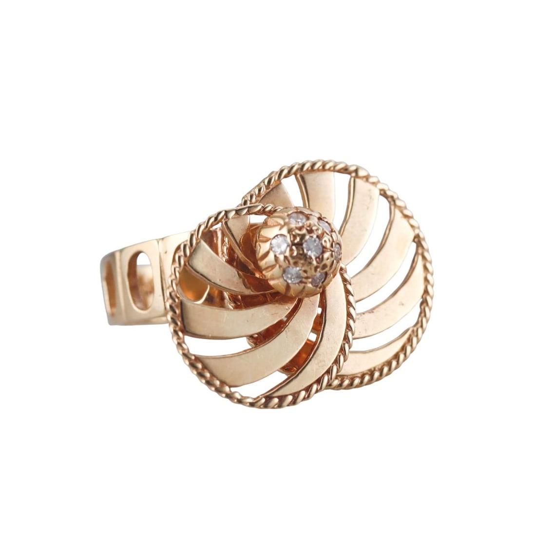 Modernist 14K Gold Diamond Kinetic Spinner Ring: Metal : 14K Yellow Gold Designer : Not signed Gemstone : Diamonds Measurements : Ring size 6.25. Ring top is 20mm (big circle) and 17mm (small circle) Marked: : 14Kt Weight: : 9.2 grams Condition: :