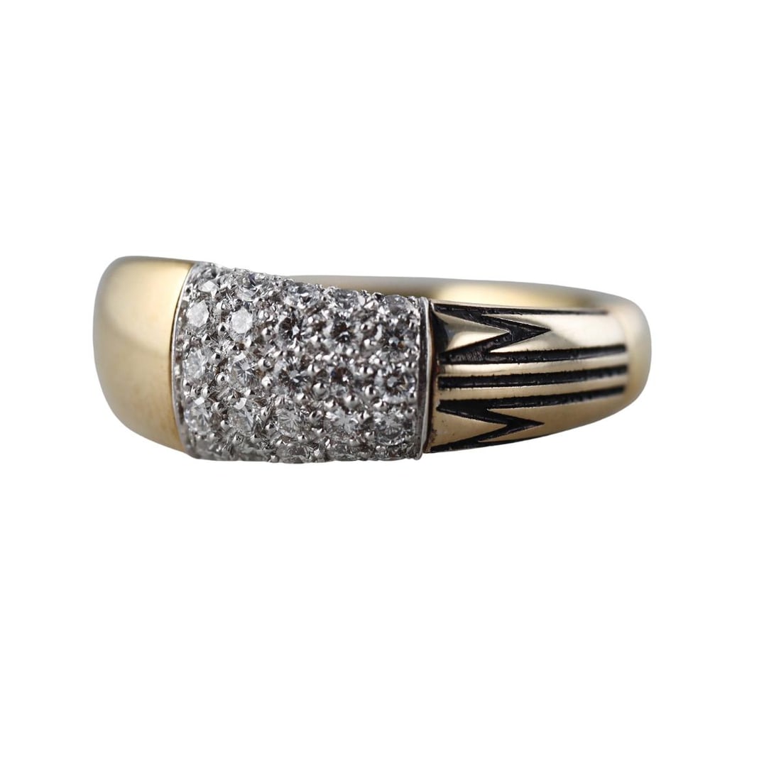 Mimi Milano Tam Tam 18K Gold Diamond Enamel Band Ring: Metal : 18K Yellow Gold Designer : Mimi Milano Gemstone : Diamonds-approx. 0.50ctw, enamel Measurements : Ring is available in size 6.5, width 7.5mm Marked: : Mimi Italian mark, 750 Weight: : 5.8