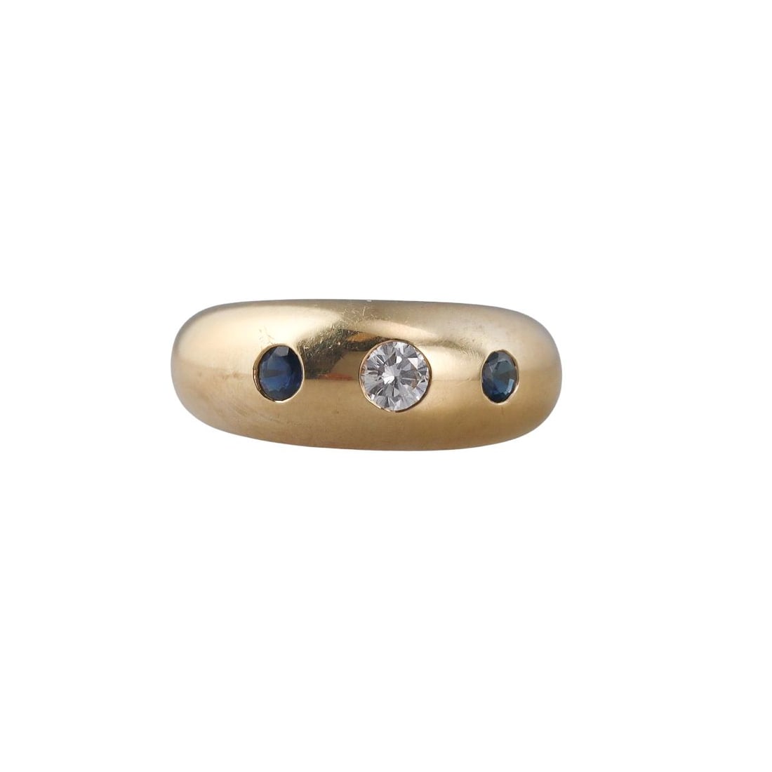 Cartier 18k Gold Diamond Sapphire Gypsy Ring: Metal : 18k Yellow Gold Designer : Cartier Gemstone : Diamond approx. 0.16ct, Sapphires. Measurements : Ring size approx. 4, sizing balls can be removed to increase the size. Marked: : Cartier, 750,