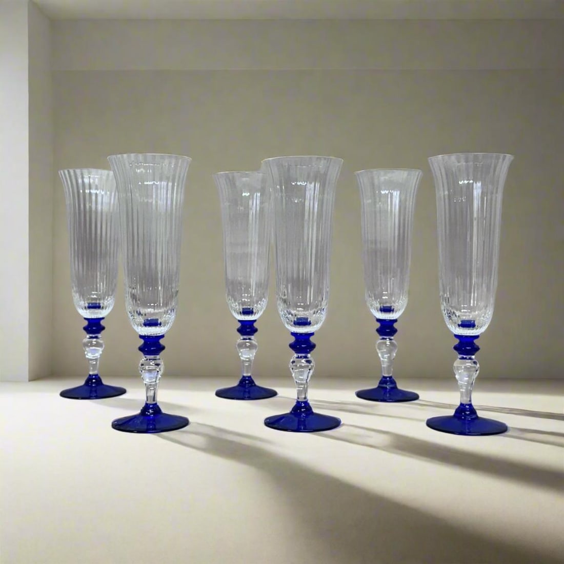 Set of 6 Nason & Moretti Murano Clear & Blue Champagne Flutes Glass (1 of 7)