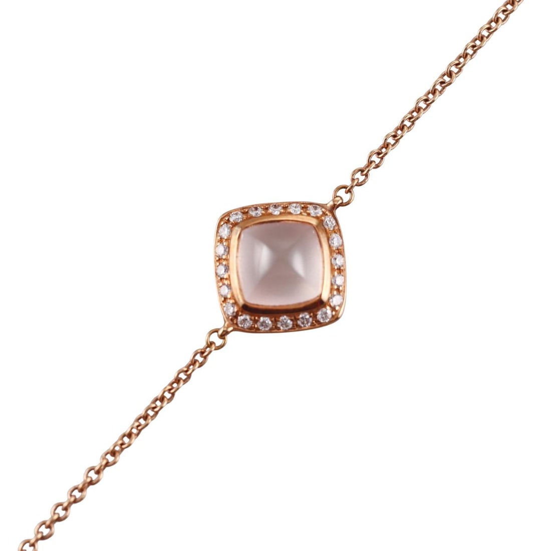 Fred Pain de Sucre 18K Gold Diamond Rose Quartz Bracelet: Metal : 18K Rose Gold Designer : Fred Gemstone : Diamonds, Rose Quartz Measurements : Length is 6.75"-7.5". Center is 9.5mm x 9.5mm Marked: : Fred, Au750, Serial Number Weigh